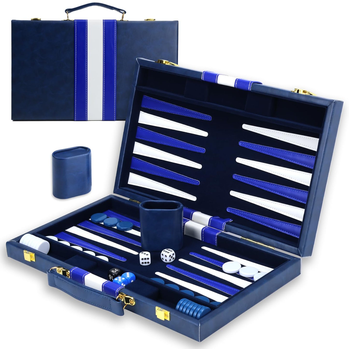 HONGSHUYEE Large Backgammon Set Premium 15-Inch Board PU Leather Case 30 Pieces