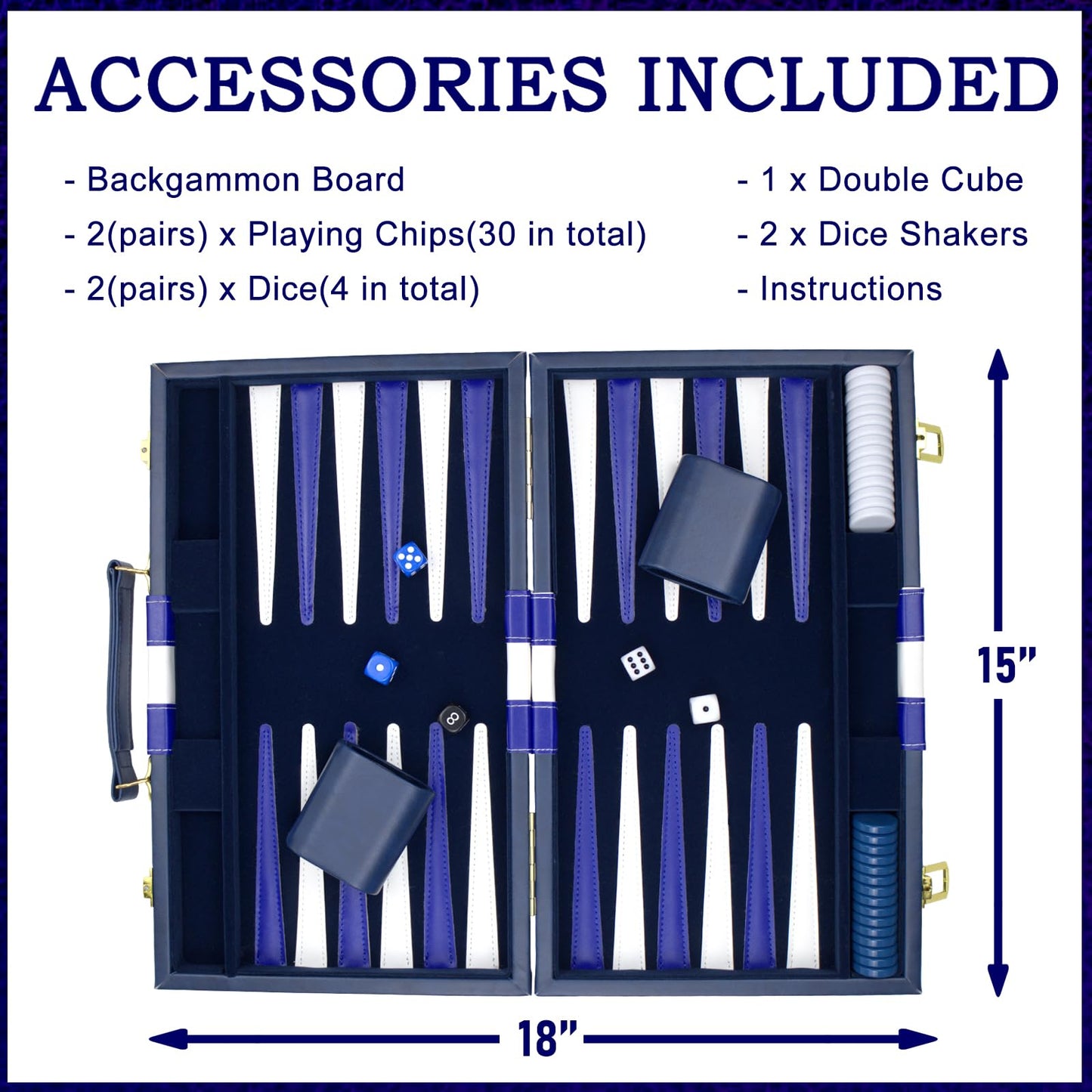 HONGSHUYEE Large Backgammon Set Premium 15-Inch Board PU Leather Case 30 Pieces
