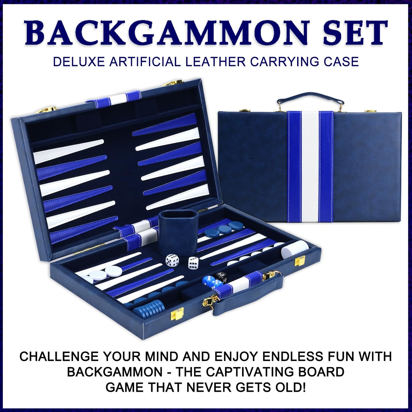 HONGSHUYEE Large Backgammon Set Premium 15-Inch Board PU Leather Case 30 Pieces
