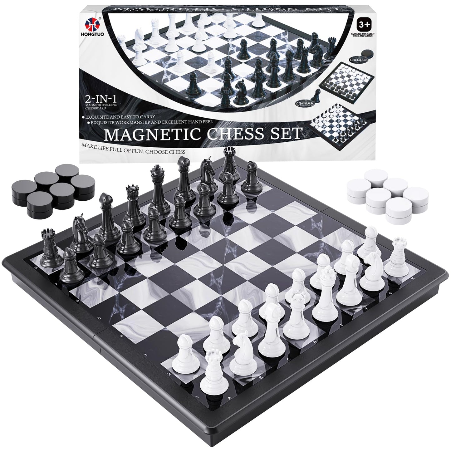 HONGTUO 2-in-1 Chess & Magnetic Checkers Set | Foldable 13-Inch Travel Board