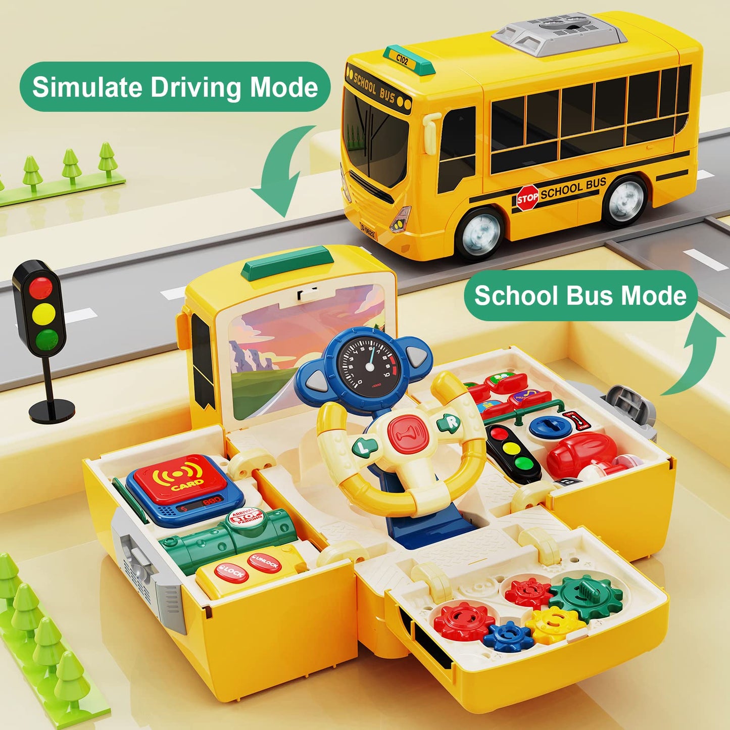 HONGTUO School Bus Toy with Sound and Light | Realistic Steering Wheel & Music Education for Toddlers