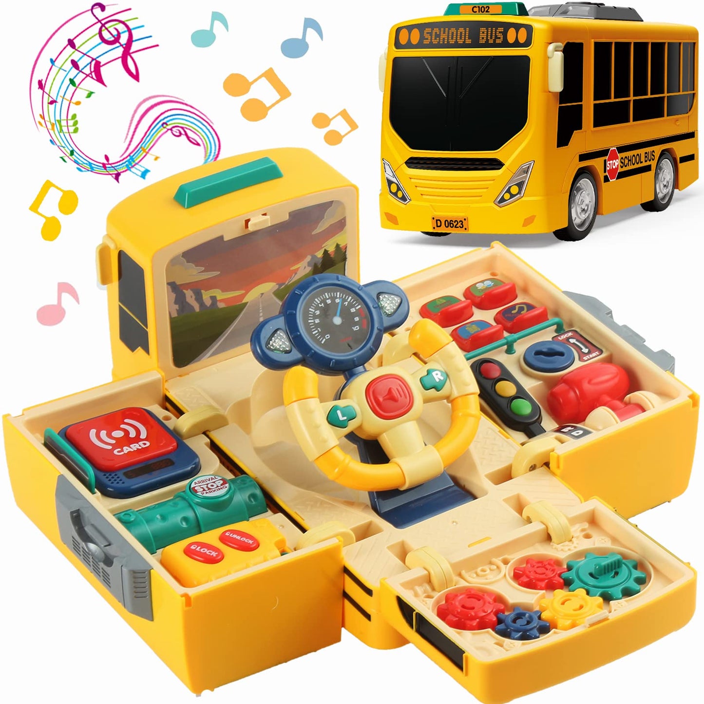 HONGTUO School Bus Toy with Sound and Light | Realistic Steering Wheel & Music Education for Toddlers