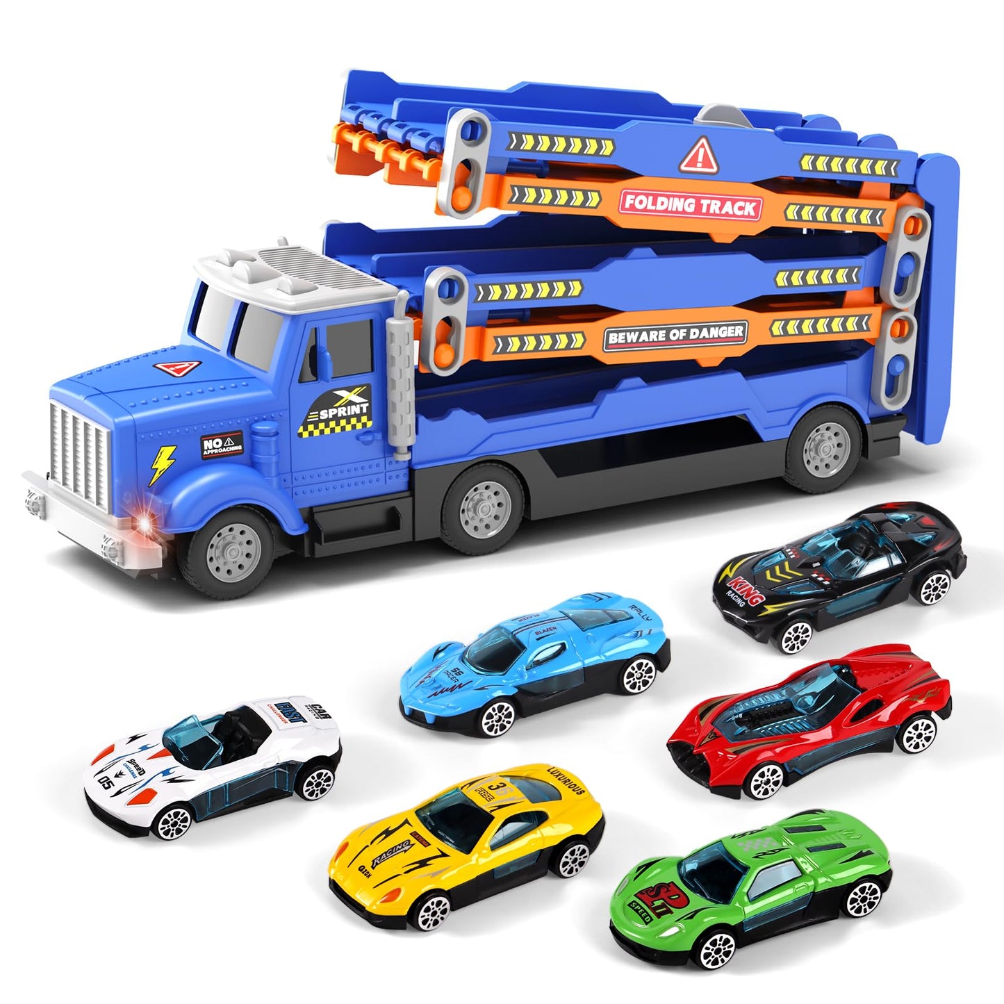 HONGTUO Toddler Truck Track Set with Lights & Sounds – 55-Inch Racing Track & 6 Die-Cast Cars