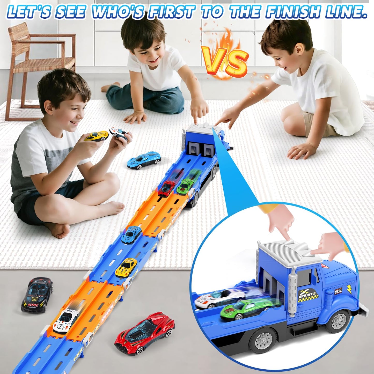 HONGTUO Toddler Truck Track Set with Lights & Sounds – 55-Inch Racing Track & 6 Die-Cast Cars