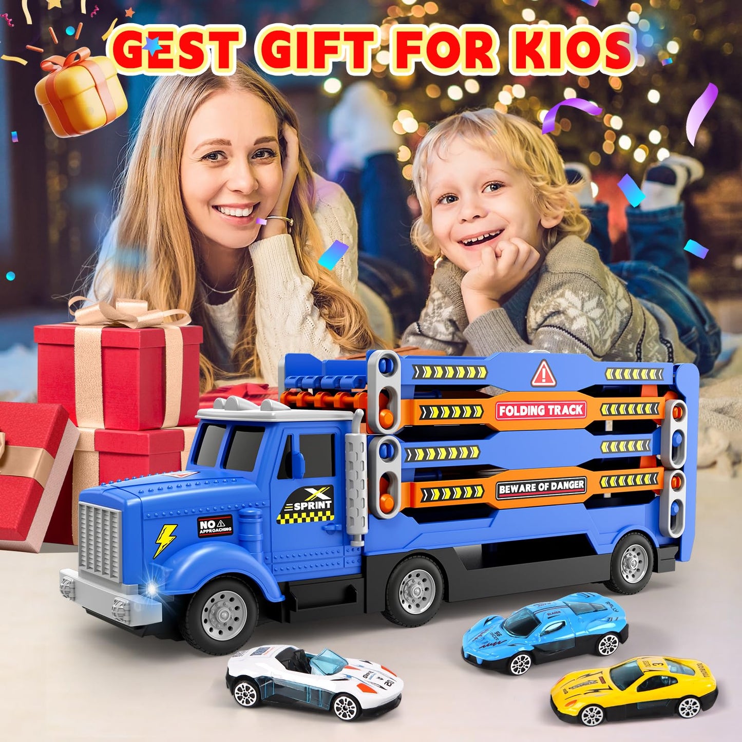 HONGTUO Toddler Truck Track Set with Lights & Sounds – 55-Inch Racing Track & 6 Die-Cast Cars