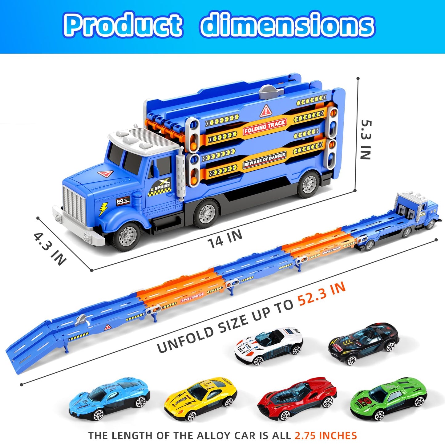 HONGTUO Toddler Truck Track Set with Lights & Sounds – 55-Inch Racing Track & 6 Die-Cast Cars