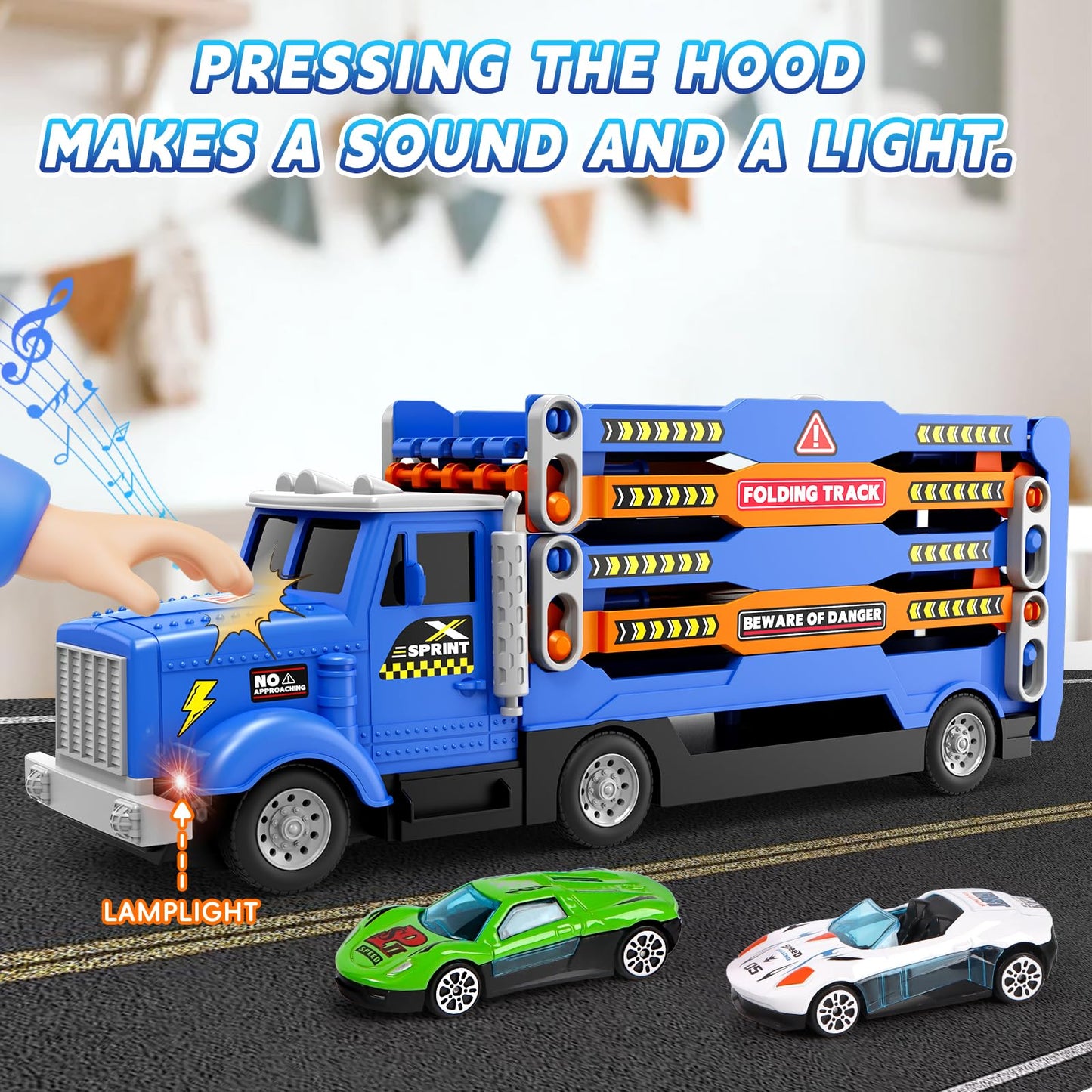HONGTUO Toddler Truck Track Set with Lights & Sounds – 55-Inch Racing Track & 6 Die-Cast Cars