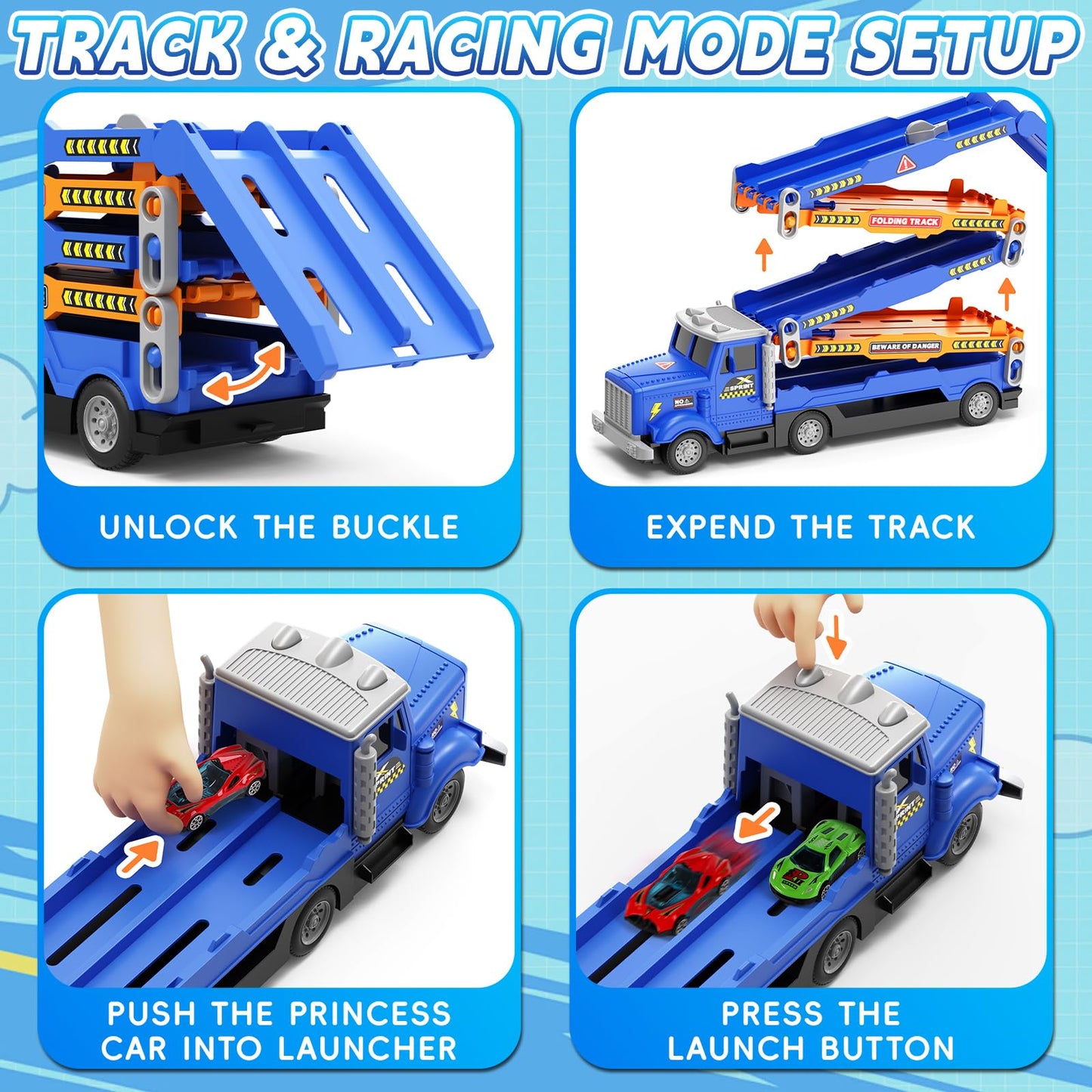 HONGTUO Toddler Truck Track Set with Lights & Sounds – 55-Inch Racing Track & 6 Die-Cast Cars