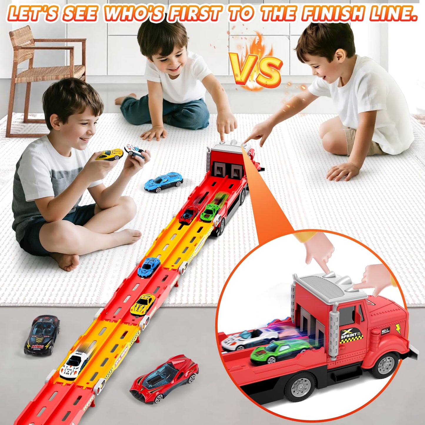 HONGTUO Toy Truck with Foldable 55-Inch Track – 6 Cars, 2-Player Racing