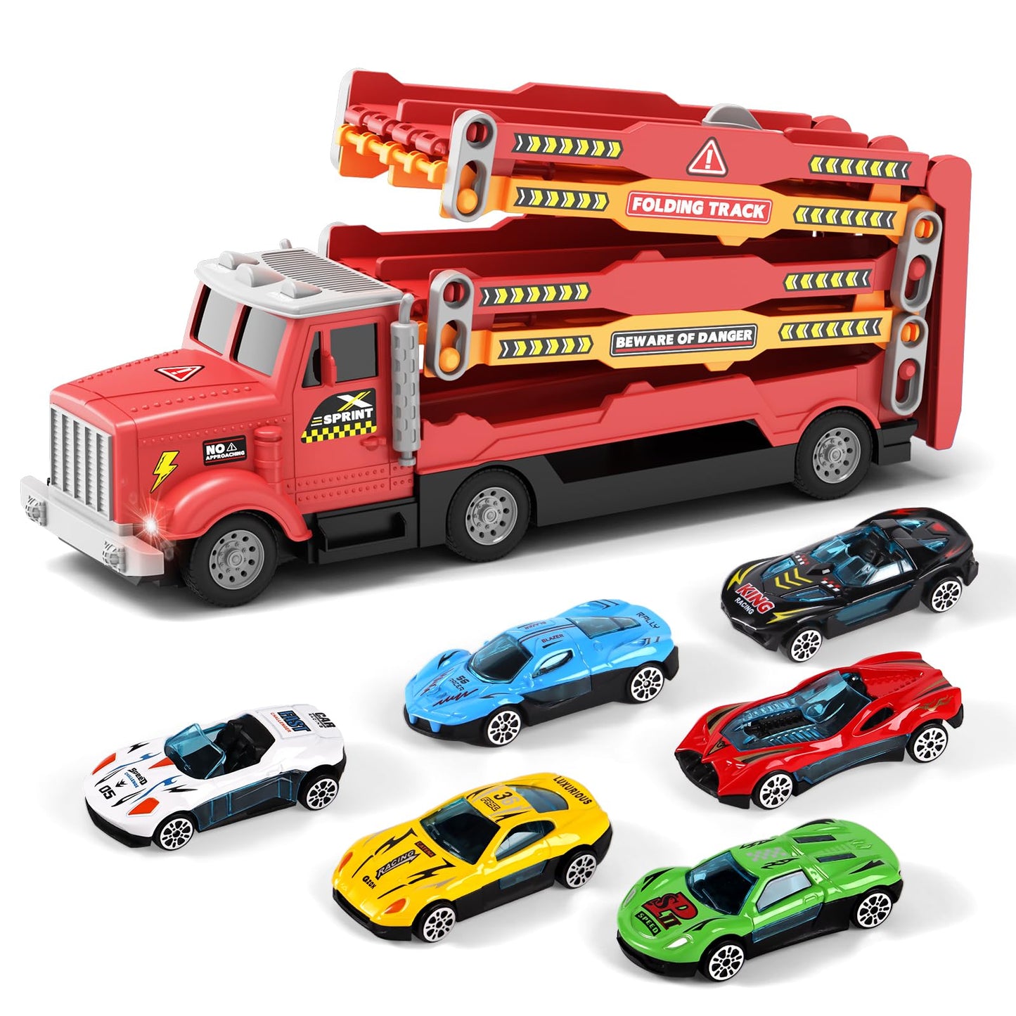 HONGTUO Toy Truck with Foldable 55-Inch Track – 6 Cars, 2-Player Racing