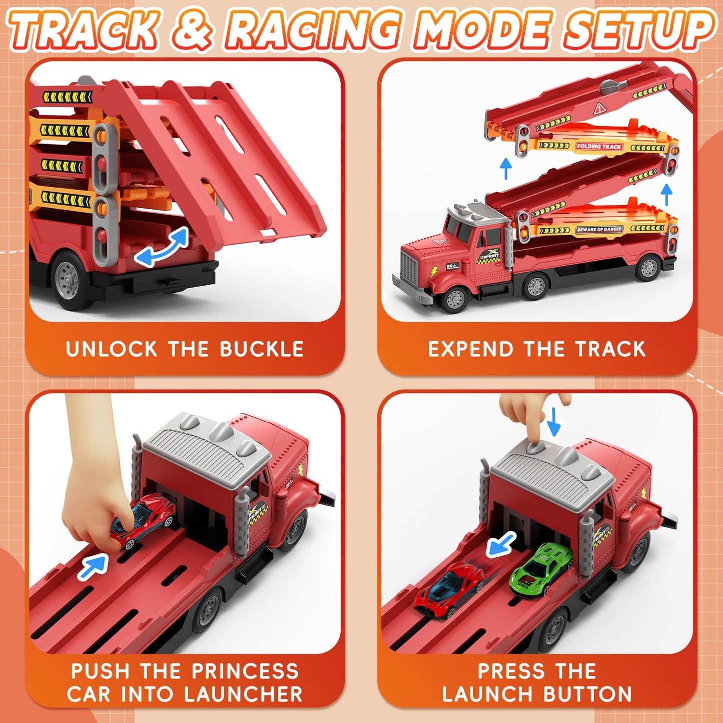 HONGTUO Toy Truck with Foldable 55-Inch Track – 6 Cars, 2-Player Racing