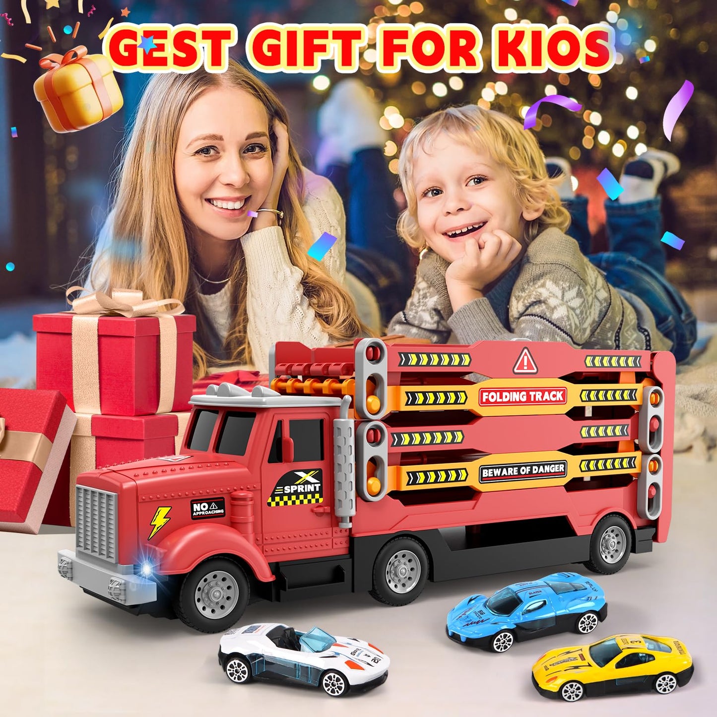 HONGTUO Toy Truck with Foldable 55-Inch Track – 6 Cars, 2-Player Racing