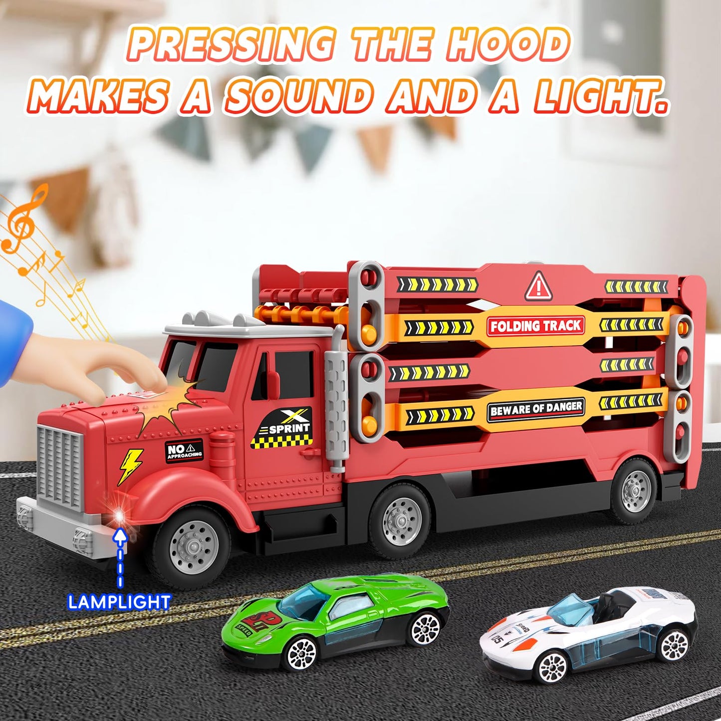 HONGTUO Toy Truck with Foldable 55-Inch Track – 6 Cars, 2-Player Racing