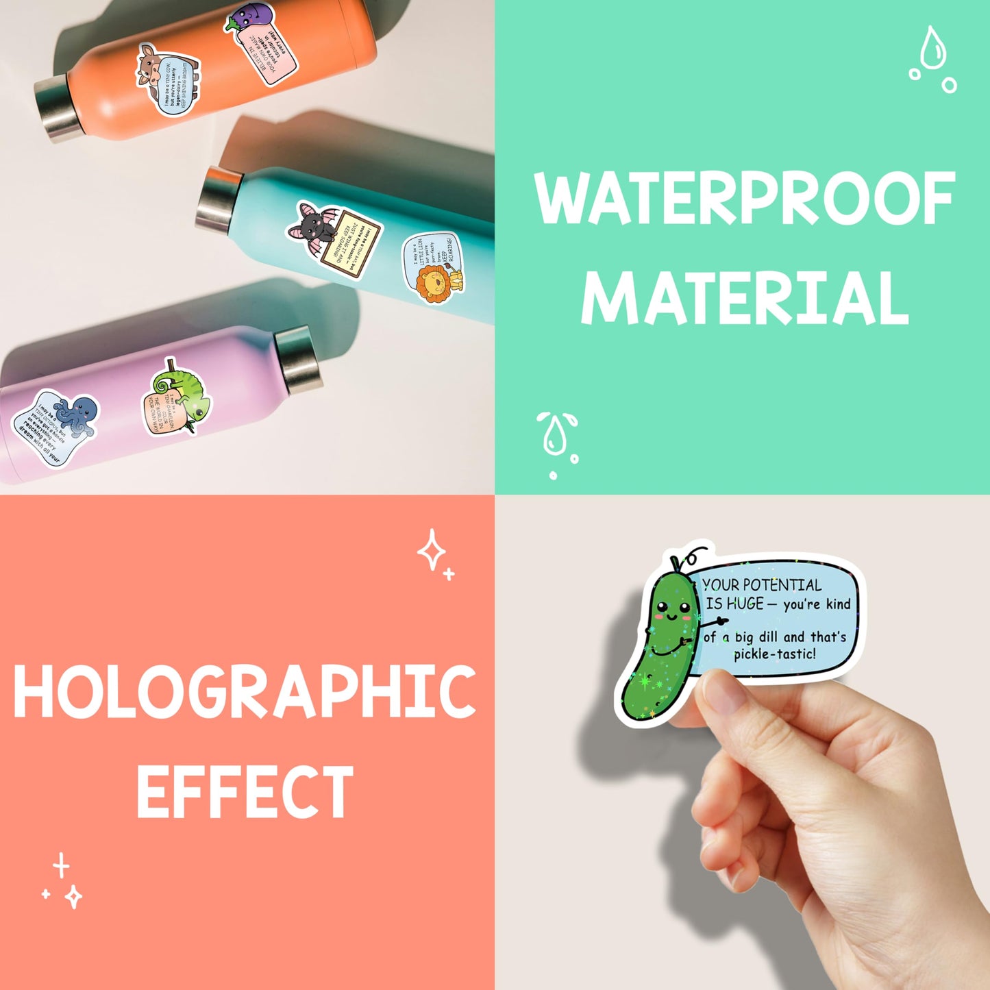 HONHO Inspirational Animal Stickers – Holographic Motivational Buddies for Bottles, Laptops & Phones