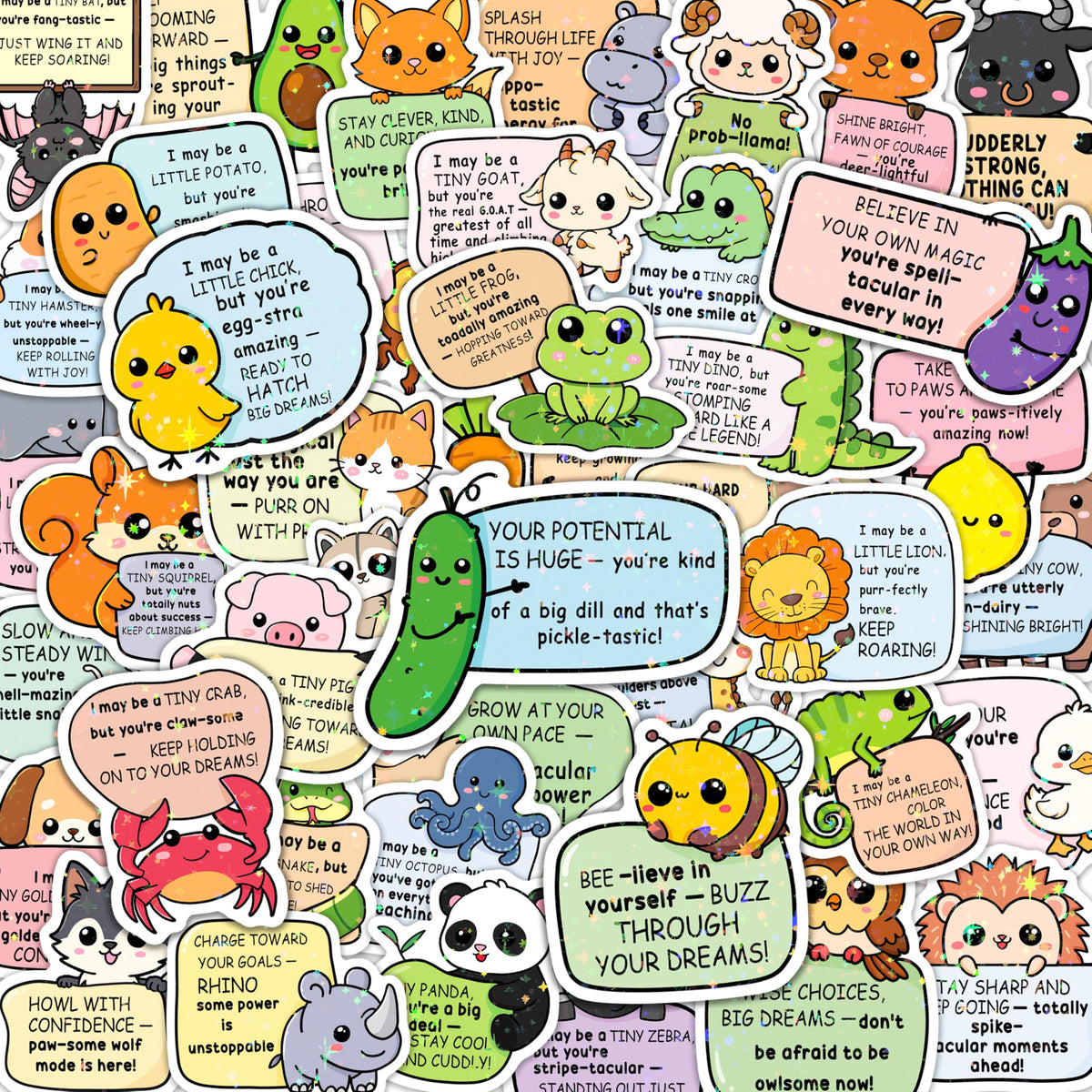 HONHO Inspirational Animal Stickers – Holographic Motivational Buddies for Bottles, Laptops & Phones