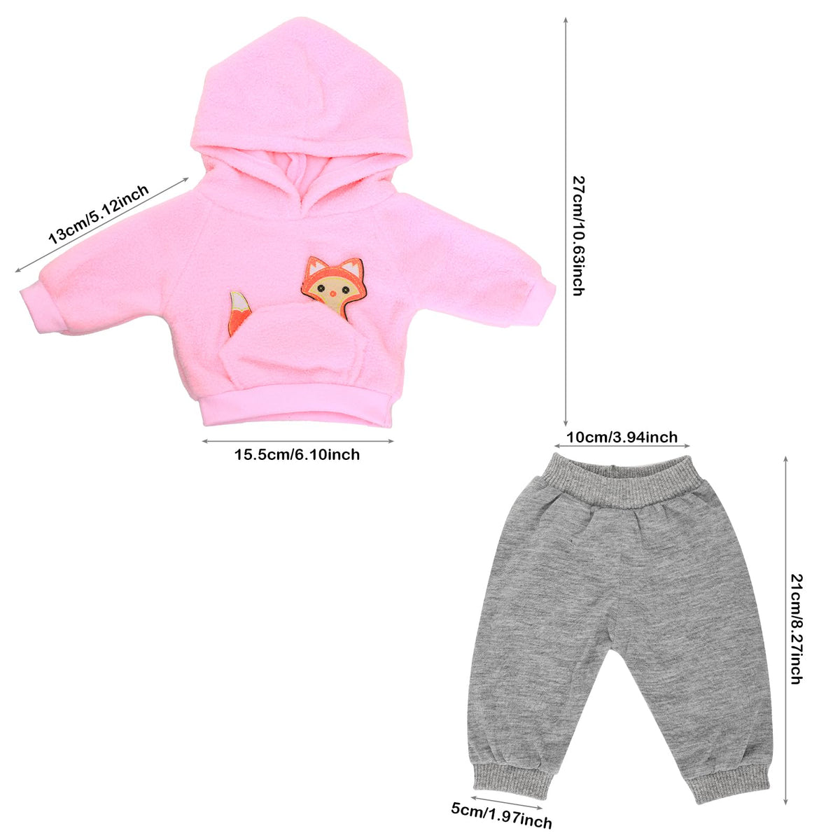 HONLAELLA 2-Piece Baby Doll Outfit for 14-16 Inch Dolls – Pink Fox Hoodie & Grey Sweatpants
