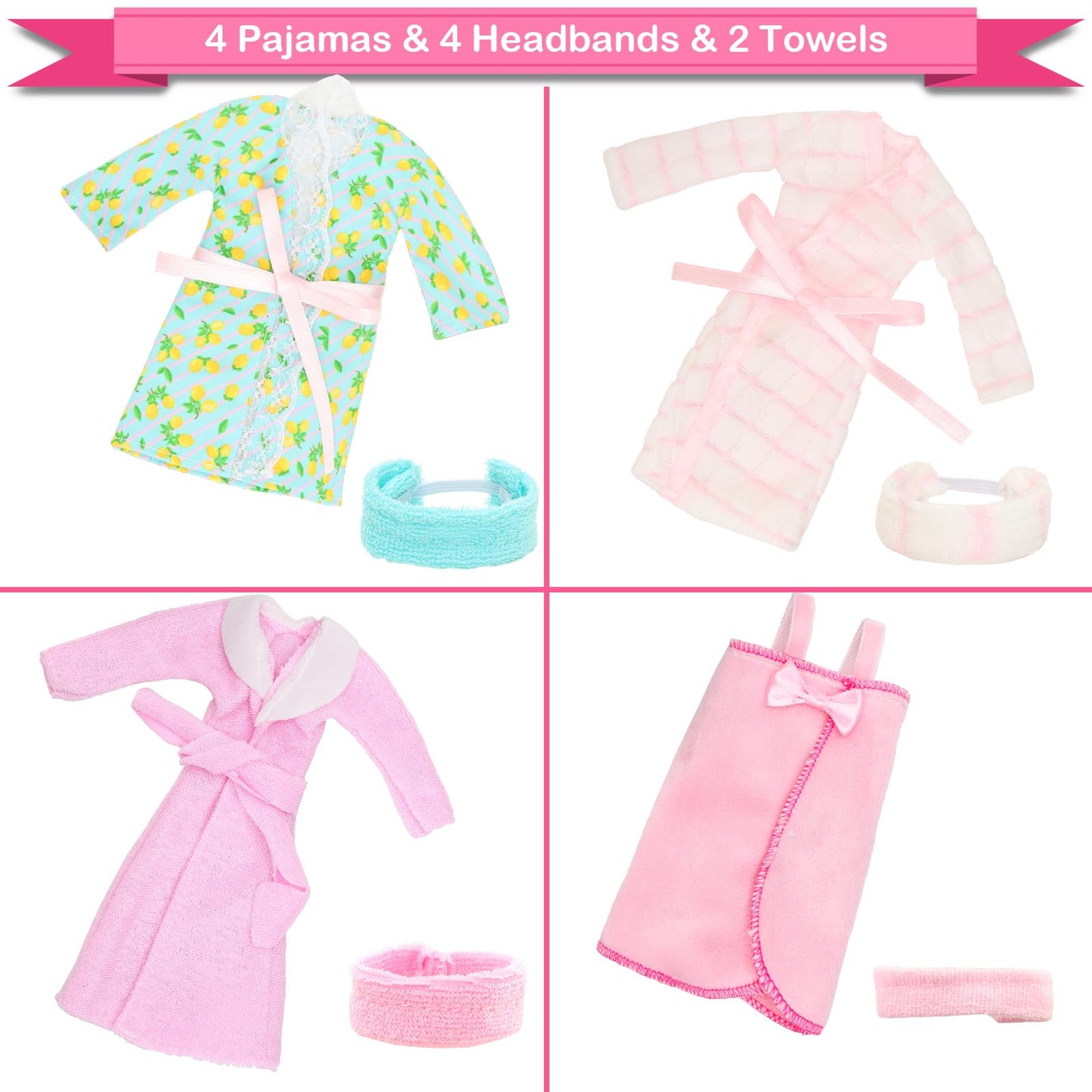 HONLAELLA 27-Piece Doll Sleeping Clothes & Accessories for 11.5-inch Dolls – Pajamas, Bathrobes, Towels, Slippers