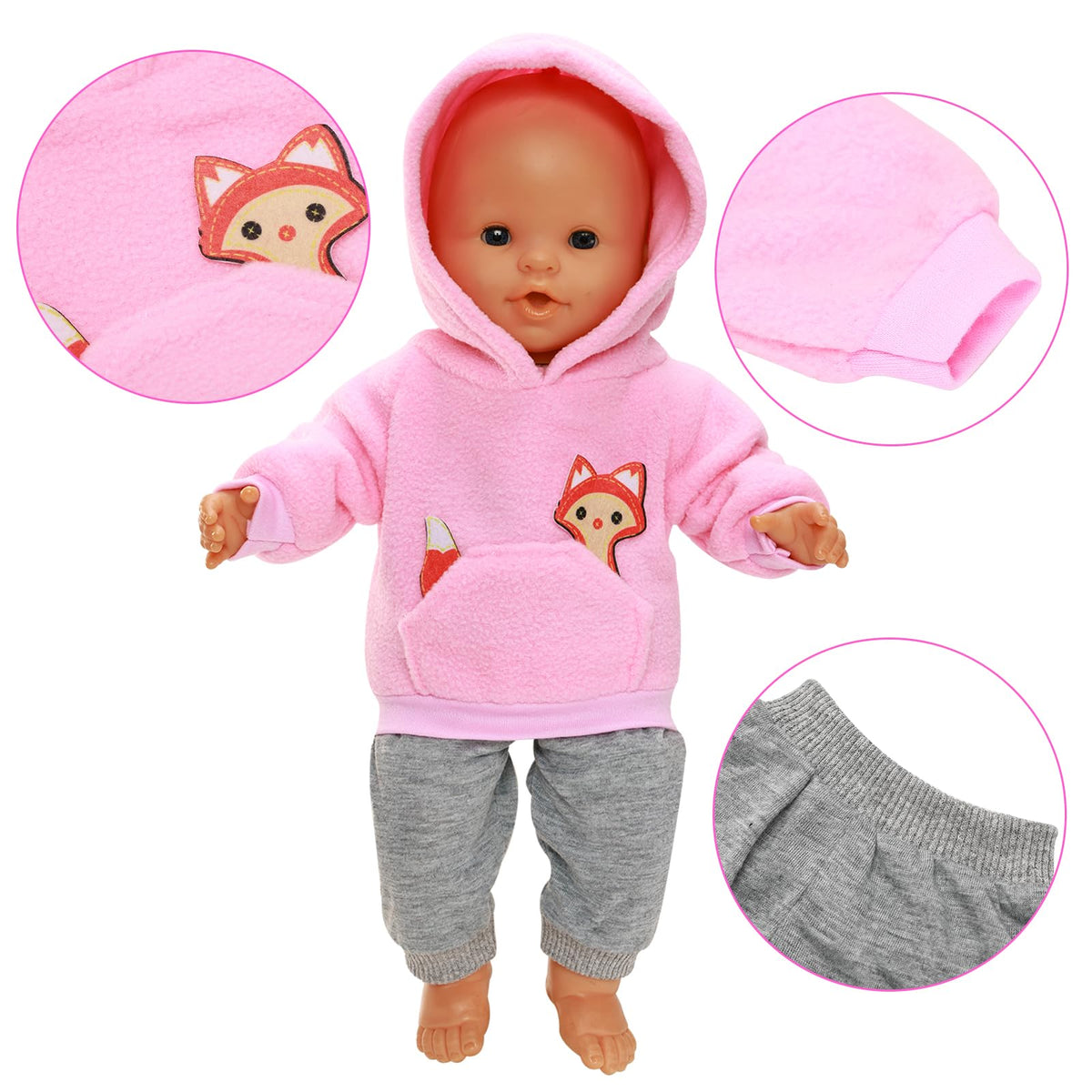 HONLAELLA 2-Piece Baby Doll Outfit for 14-16 Inch Dolls – Pink Fox Hoodie & Grey Sweatpants