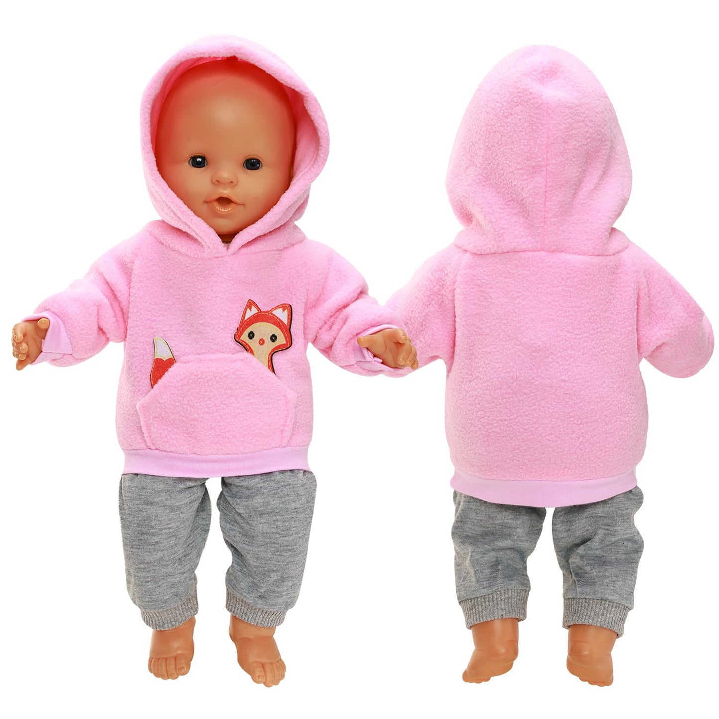 HONLAELLA 2-Piece Baby Doll Outfit for 14-16 Inch Dolls – Pink Fox Hoodie & Grey Sweatpants
