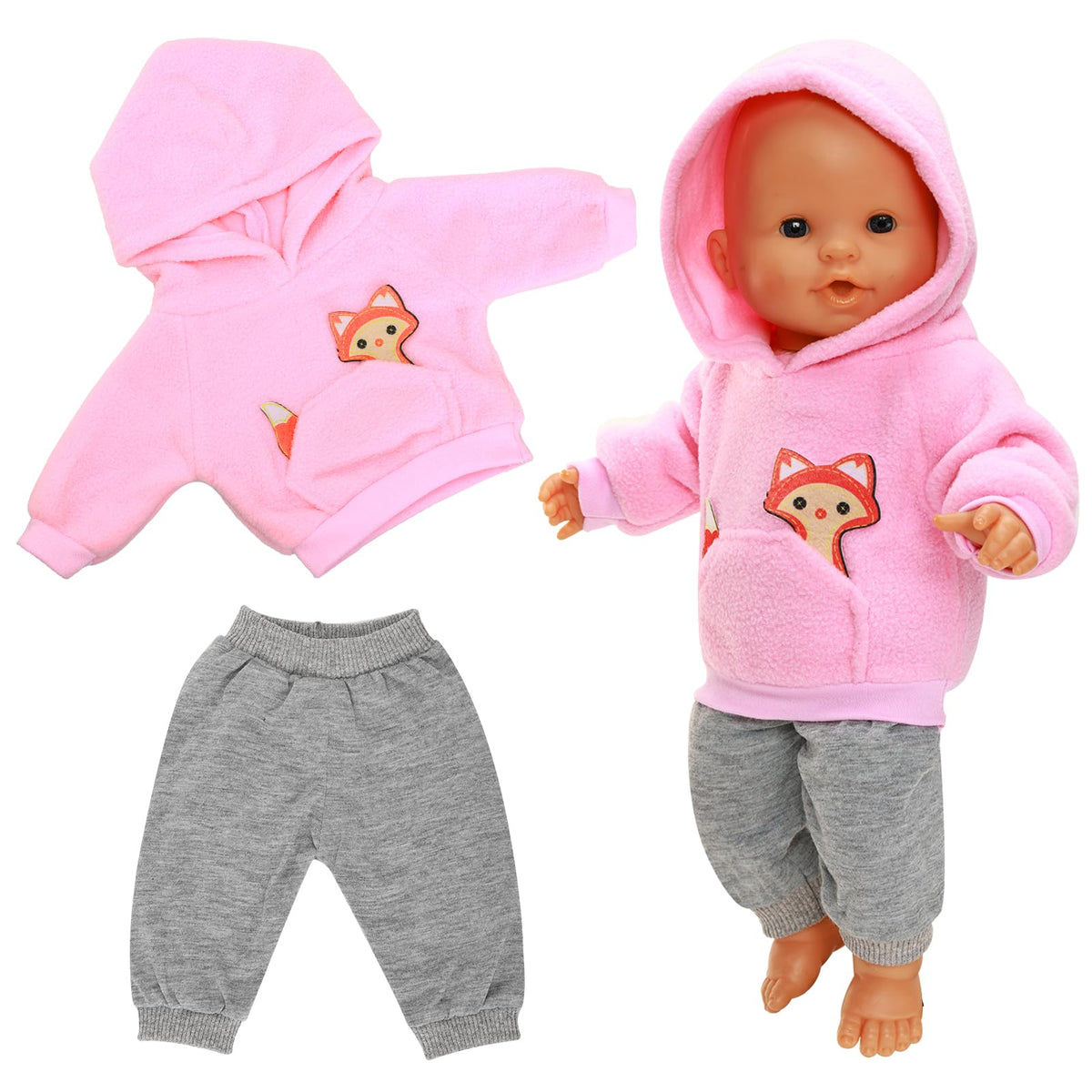 HONLAELLA 2-Piece Baby Doll Outfit for 14-16 Inch Dolls – Pink Fox Hoodie & Grey Sweatpants