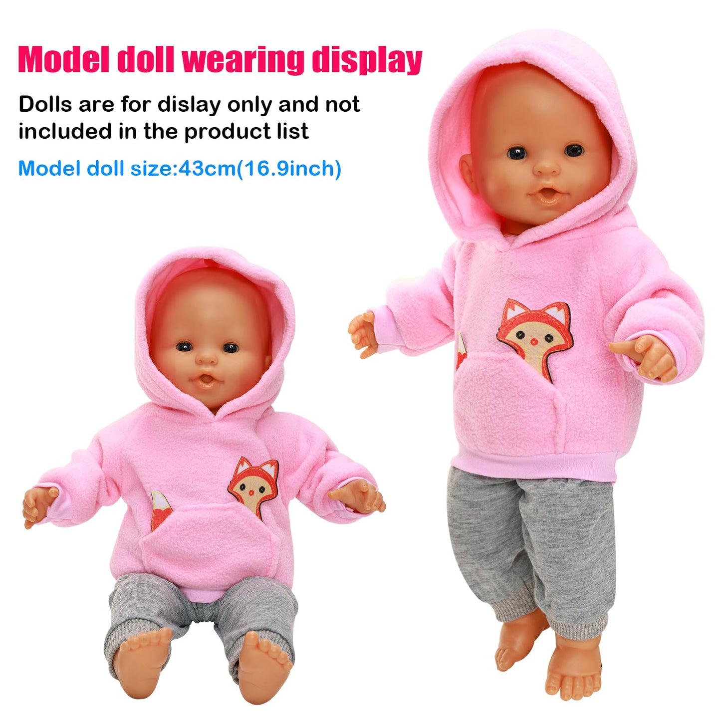 HONLAELLA 2-Piece Baby Doll Outfit for 14-16 Inch Dolls – Pink Fox Hoodie & Grey Sweatpants