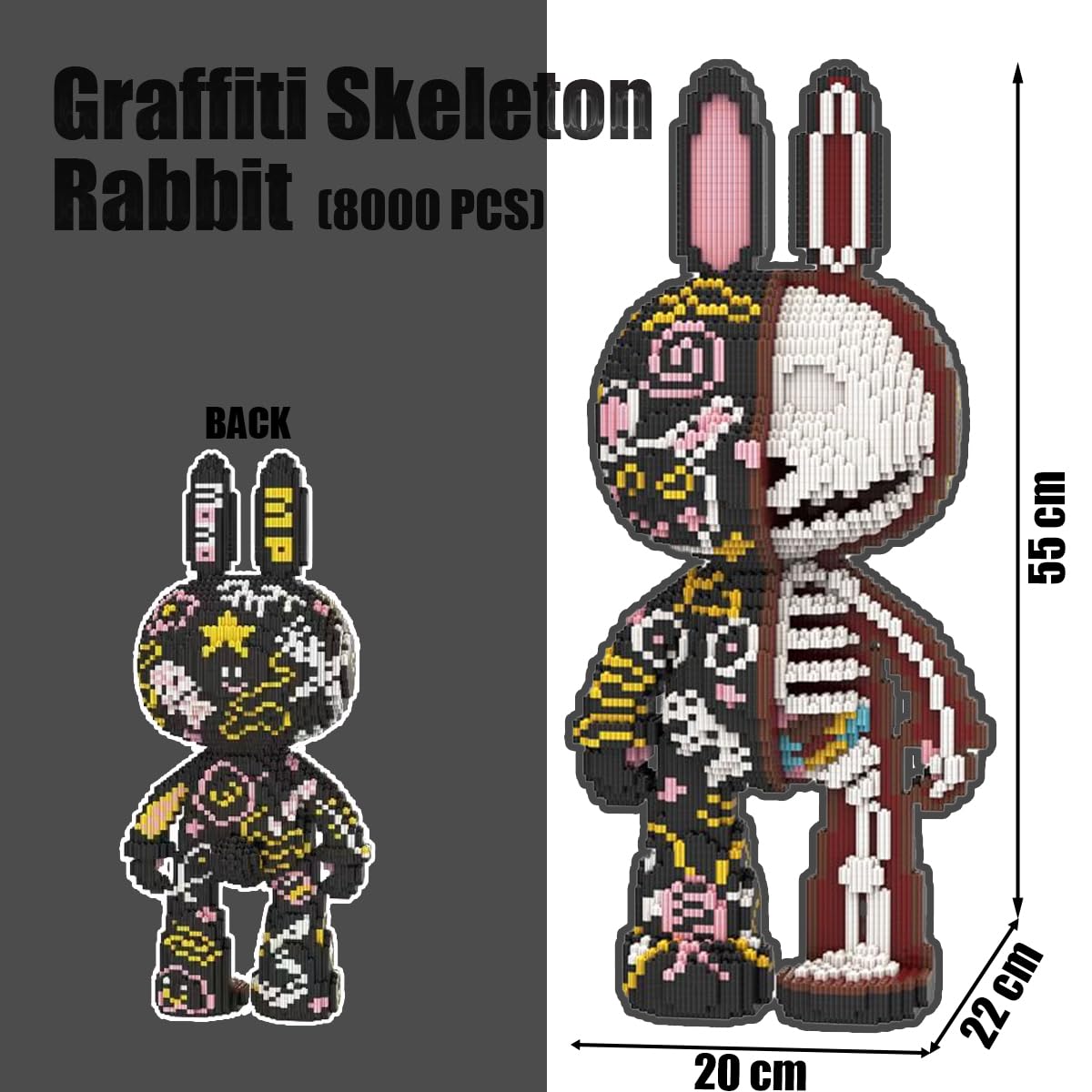 HONLANCH Animal Graffiti Skeleton Rabbit Micro Building Blocks Set — 8000 Pcs, 55cm High, Gift for Adults & Kids