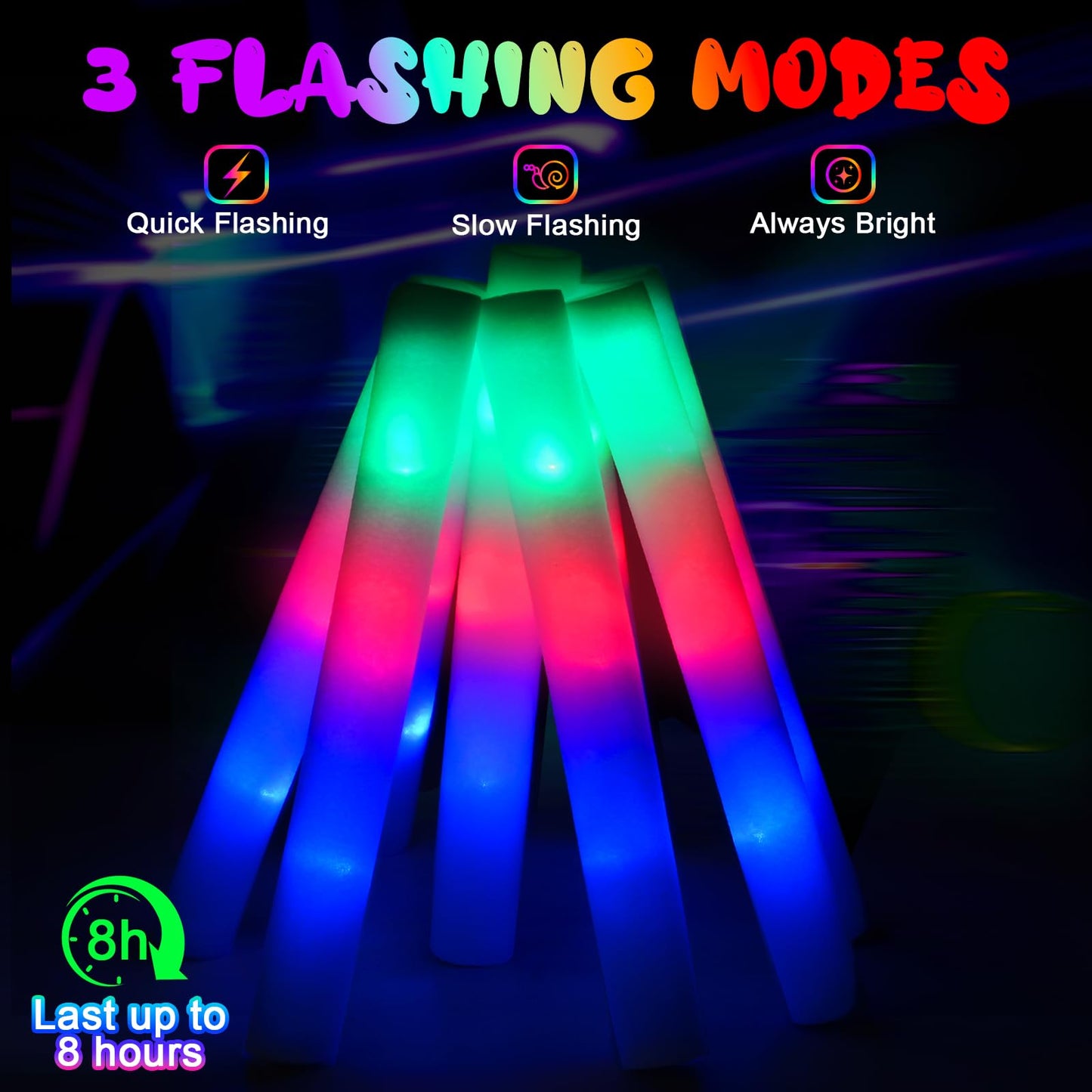 HONLYNE 120 PCS Foam Glow Sticks with 3 Modes – LED Light Sticks for Weddings, Parties & Raves