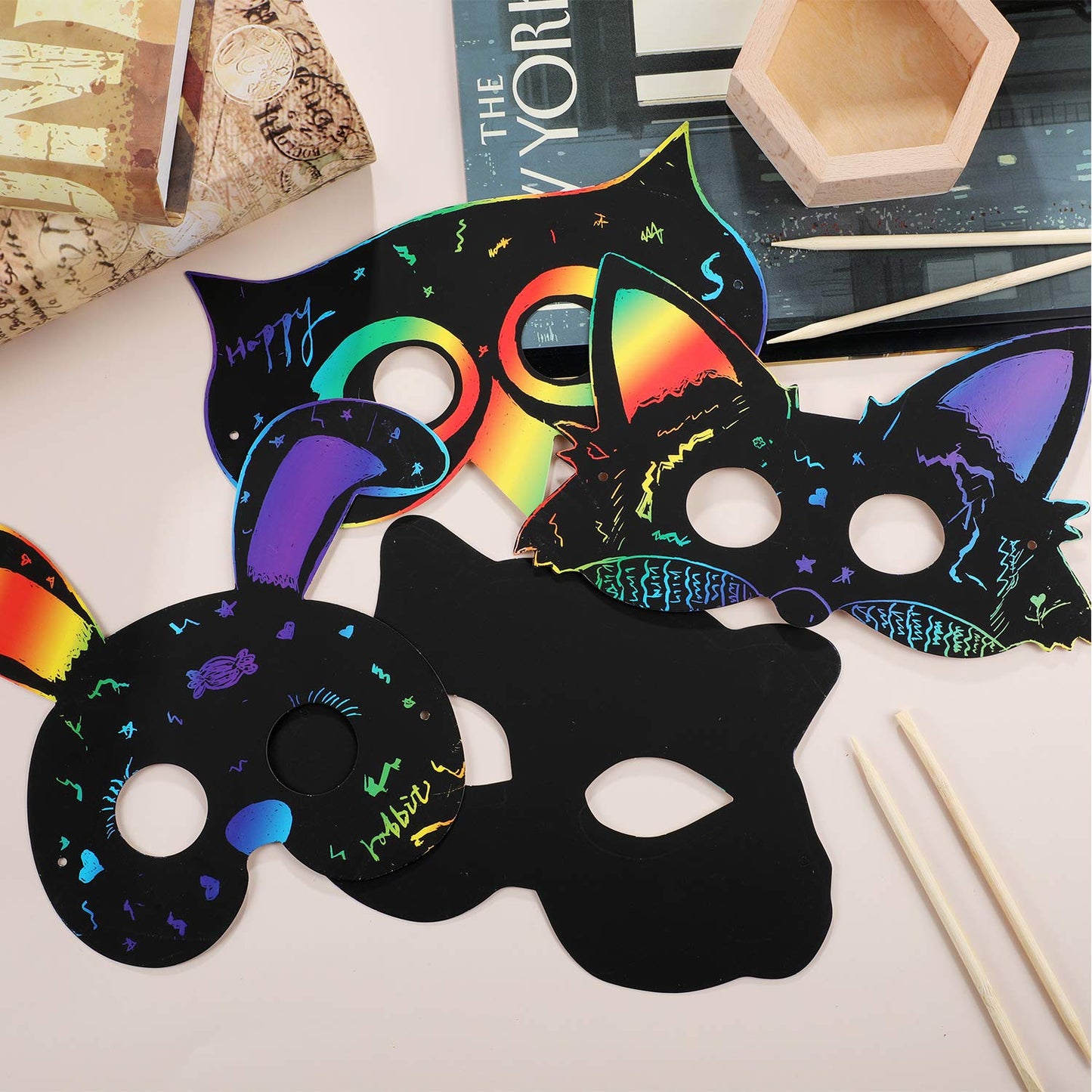 Honoson 36-Pack Scratch Paper Animal Masks with Elastic Cords & Wood Stylus – DIY Halloween Party Decor