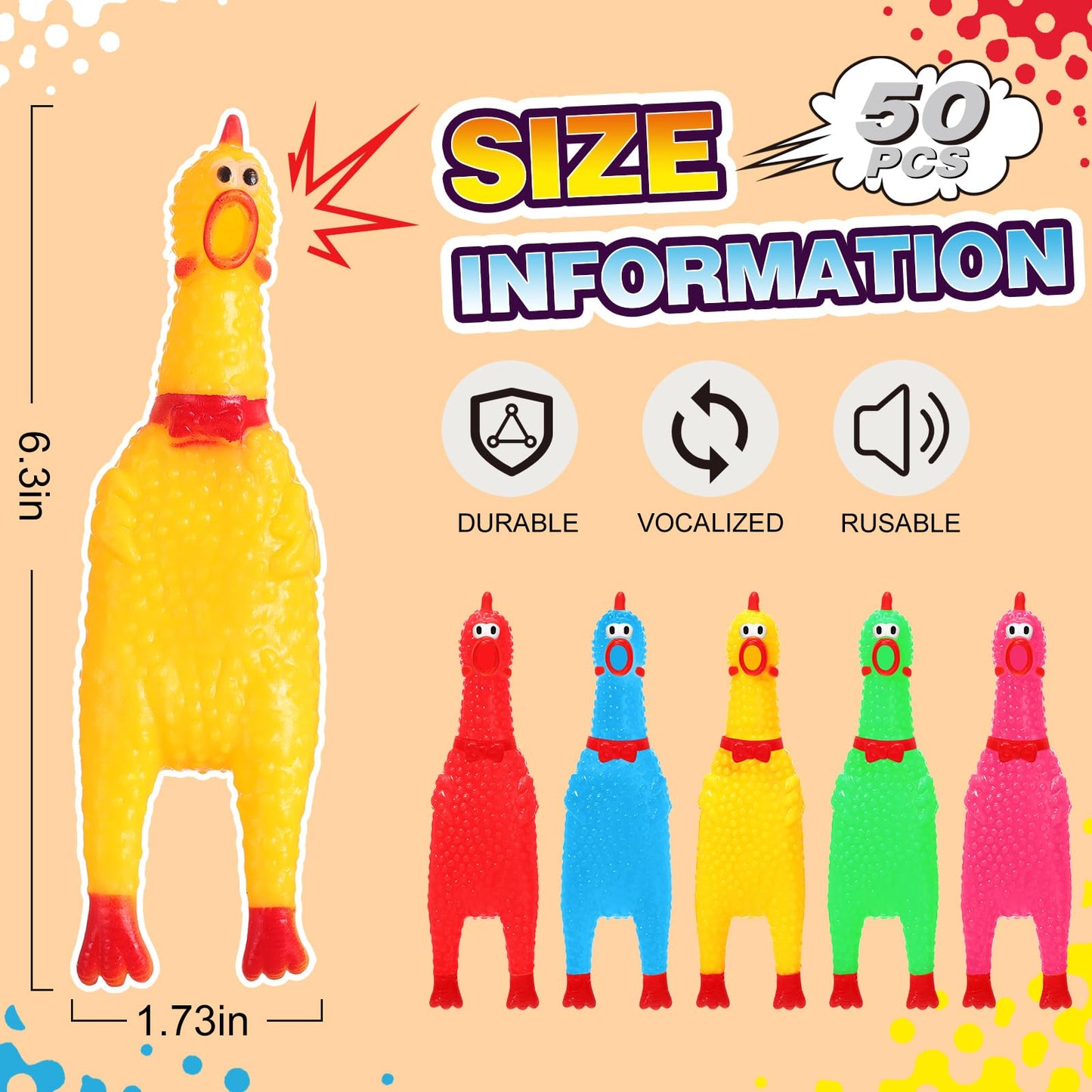Honoson 50 Pcs Rubber Chickens Squeak Toy Bulk for Dogs – 6.3 Inch, Multi Colors