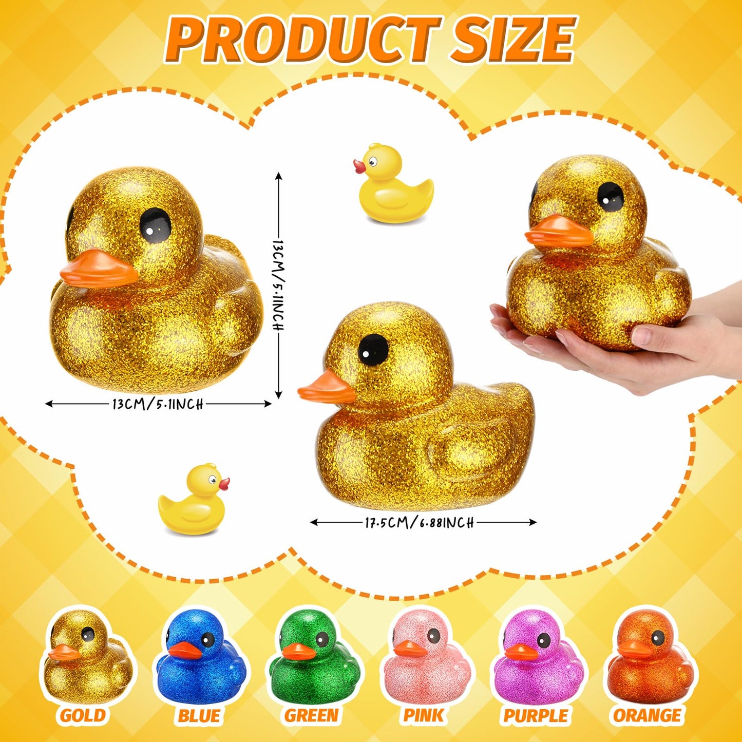 Honoson 6 Pieces Giant Glitter Rubber Ducks – 6.89 Inch Jumbo Bath Toys with Squeaky Sound
