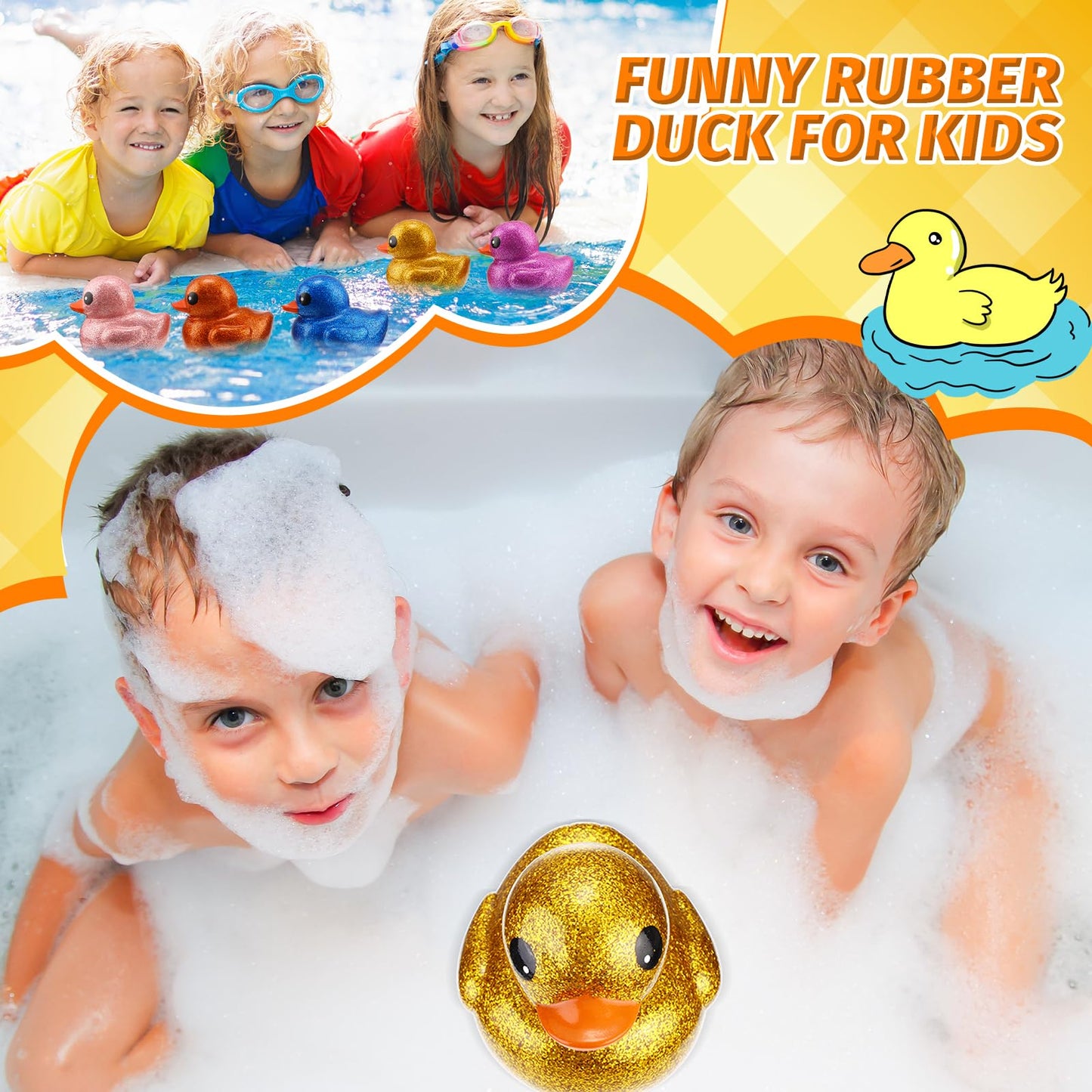 Honoson 6 Pieces Giant Glitter Rubber Ducks – 6.89 Inch Jumbo Bath Toys with Squeaky Sound