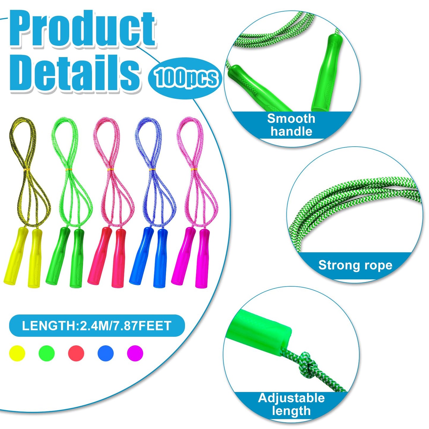 Honoson Rainbow Jump Rope Bulk 100 Pcs — Adjustable 7.8ft Nylon Ropes with Handles