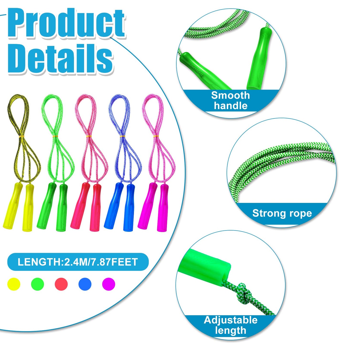 Honoson Rainbow Jump Rope Bulk – 50 Pcs Nylon Striped Ropes with Handles, Adjustable 7.87 ft Length