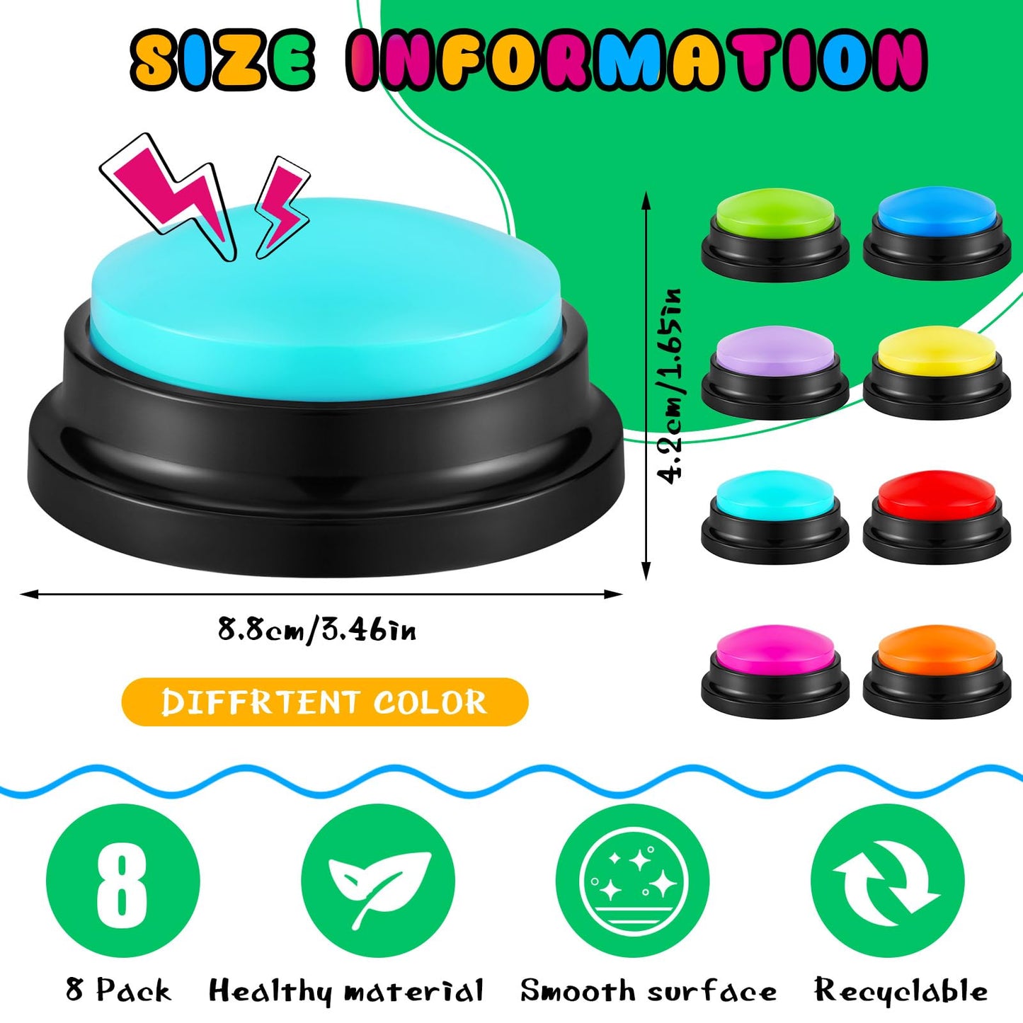 Honoson 8-Piece Recordable Buzzers for Classroom Trivia – 30-Second Recording Buttons