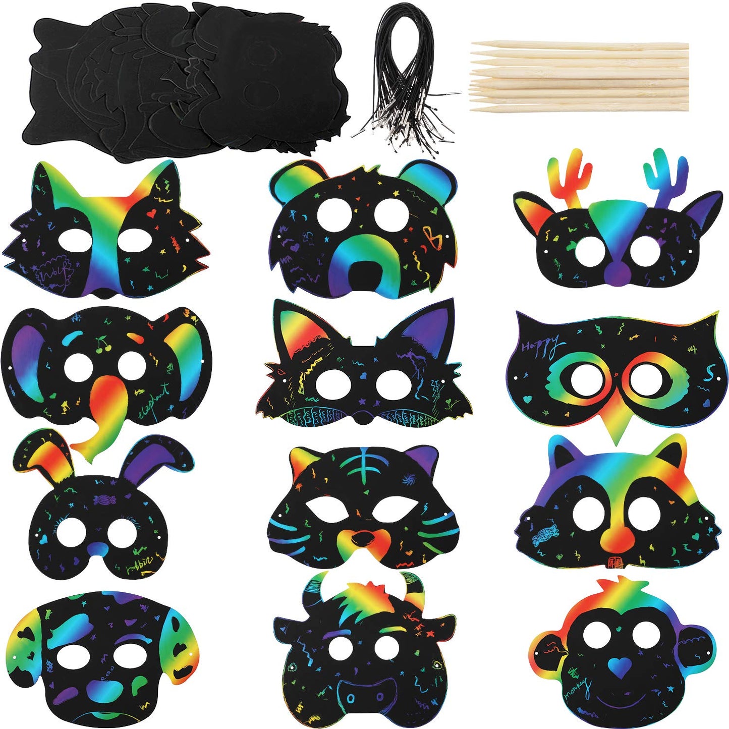 Honoson 36-Pack Scratch Paper Animal Masks with Elastic Cords & Wood Stylus – DIY Halloween Party Decor