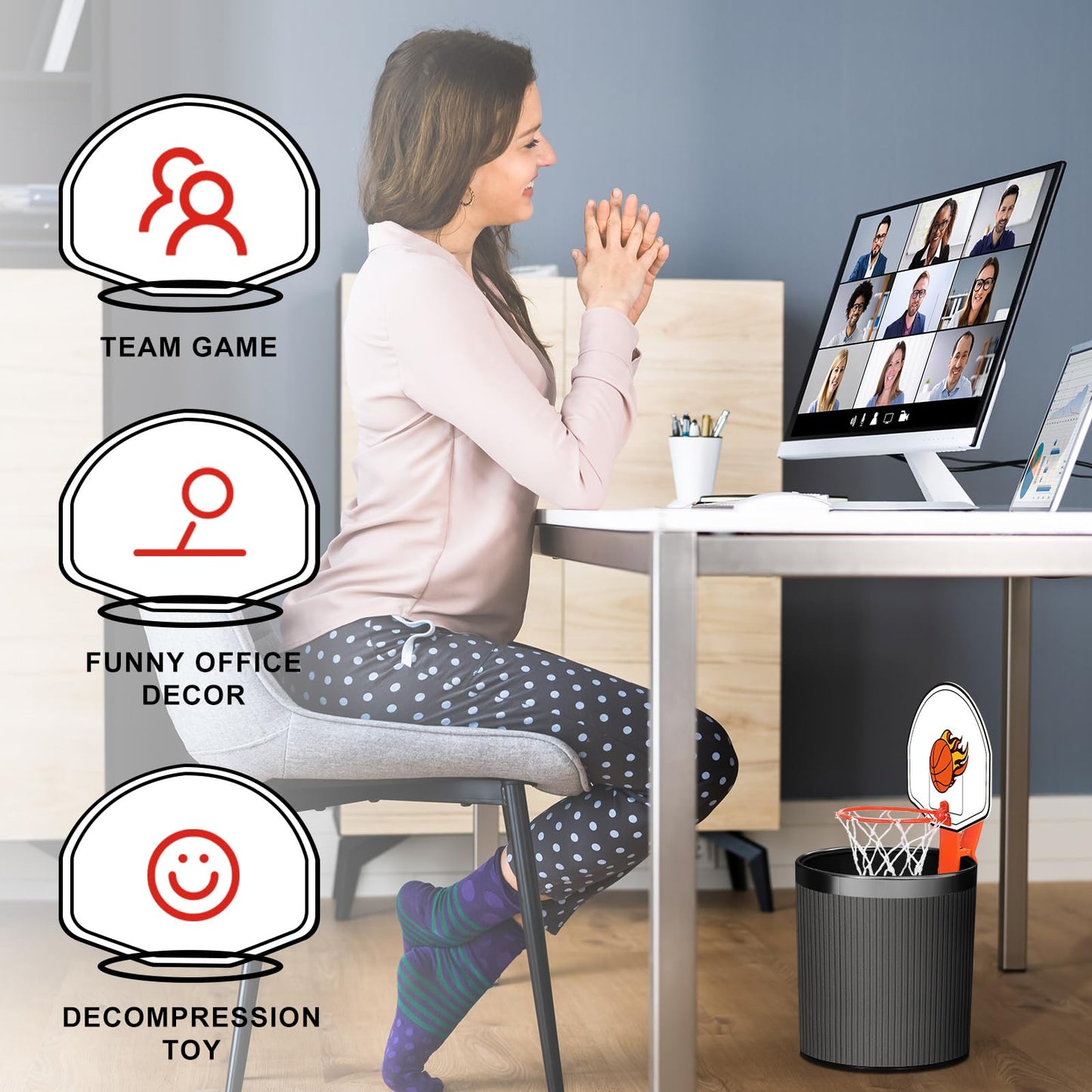 Honoson 3 Sets Indoor Trash Can Basketball Game Set (Vibrant) – Clip-On Hoops, 6 Balls & 3 Pumps
