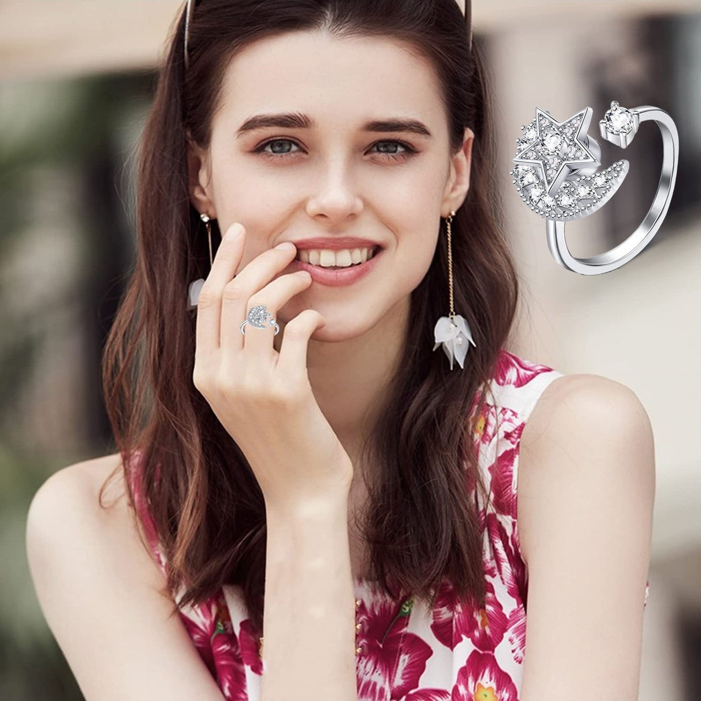 Honsny Fidget Rings for Women | 6-Piece Adjustable Spinner Ring Set – Sunflower, Butterfly, Bee, Star Moon