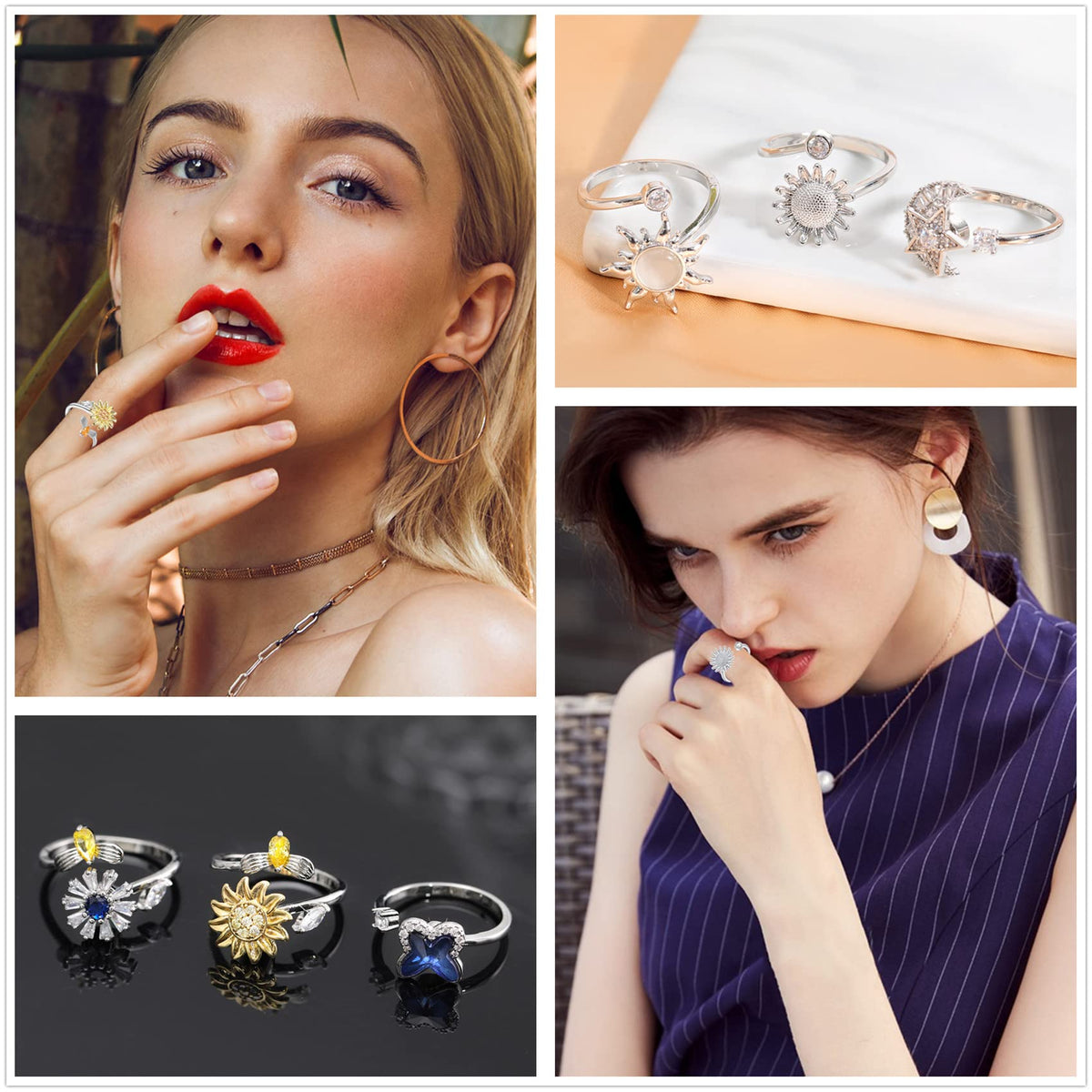 Honsny Fidget Rings for Women | 6-Piece Adjustable Spinner Ring Set – Sunflower, Butterfly, Bee, Star Moon