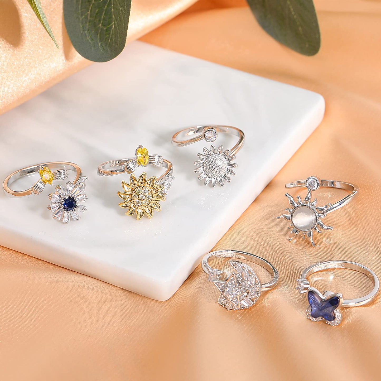 Honsny Fidget Rings for Women | 6-Piece Adjustable Spinner Ring Set – Sunflower, Butterfly, Bee, Star Moon