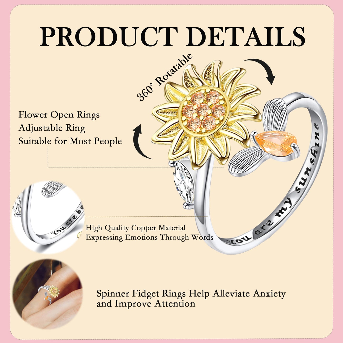 Honsny Fidget Rings for Women | 6-Piece Adjustable Spinner Ring Set – Sunflower, Butterfly, Bee, Star Moon