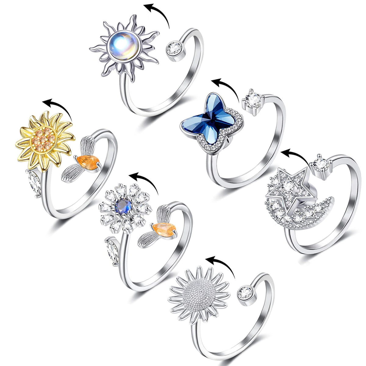 Honsny Fidget Rings for Women | 6-Piece Adjustable Spinner Ring Set – Sunflower, Butterfly, Bee, Star Moon