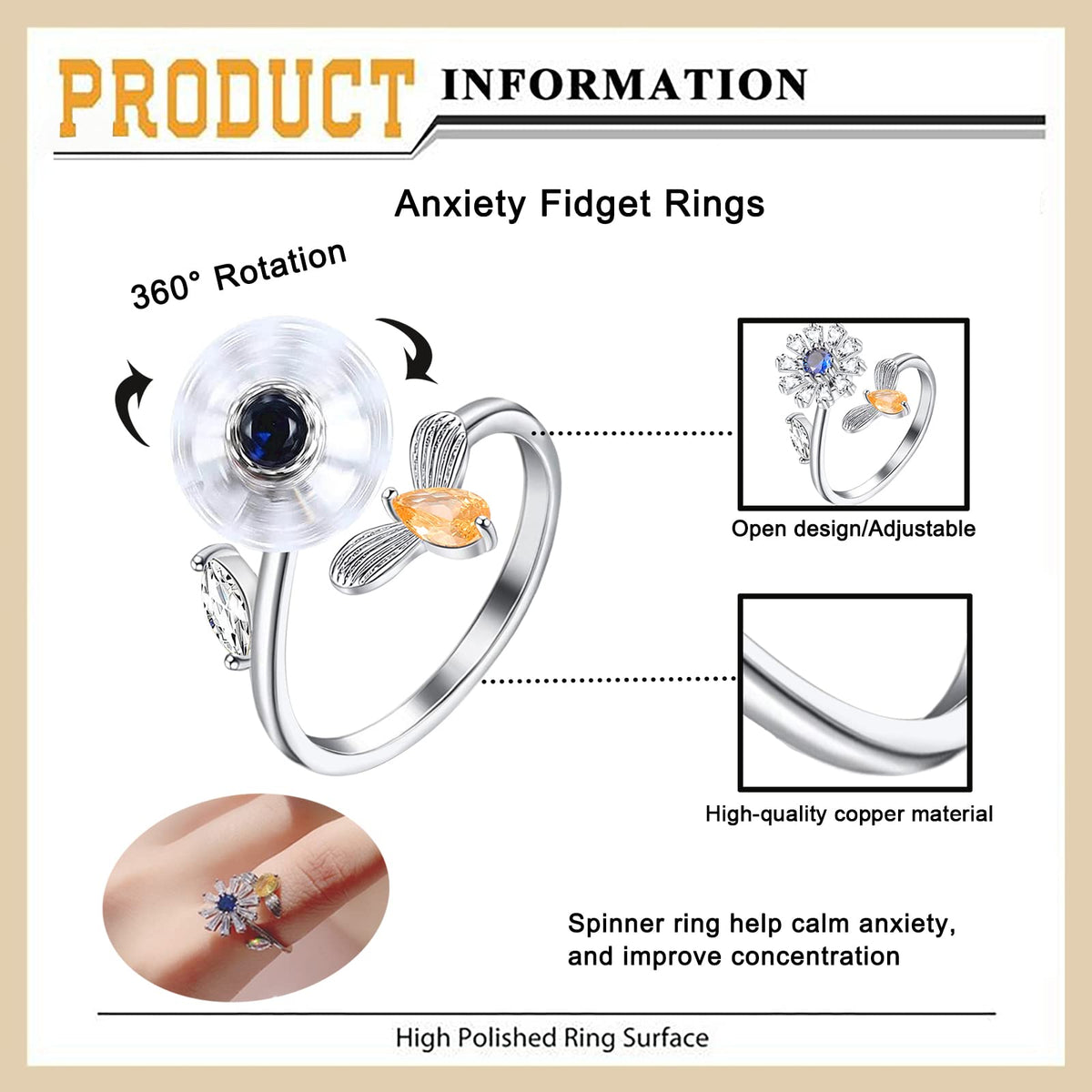 Honsny 6-Piece 14K Gold Plated Anxiety Ring Set for Women | Adjustable Spinner Fidget Rings