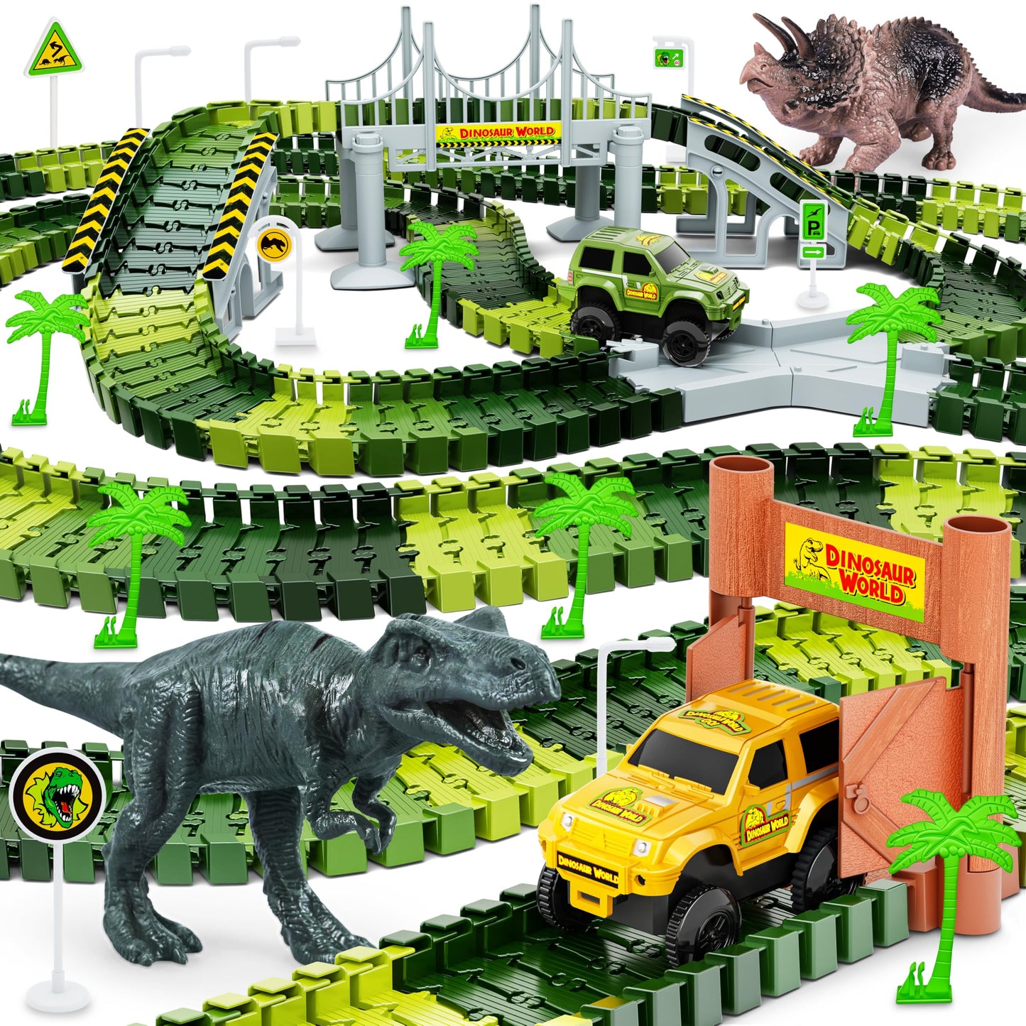 Hony Dinosaur Tracks 271 PCS – Flexible Race Track Set for Kids 3-8 with Cars & Dinosaurs