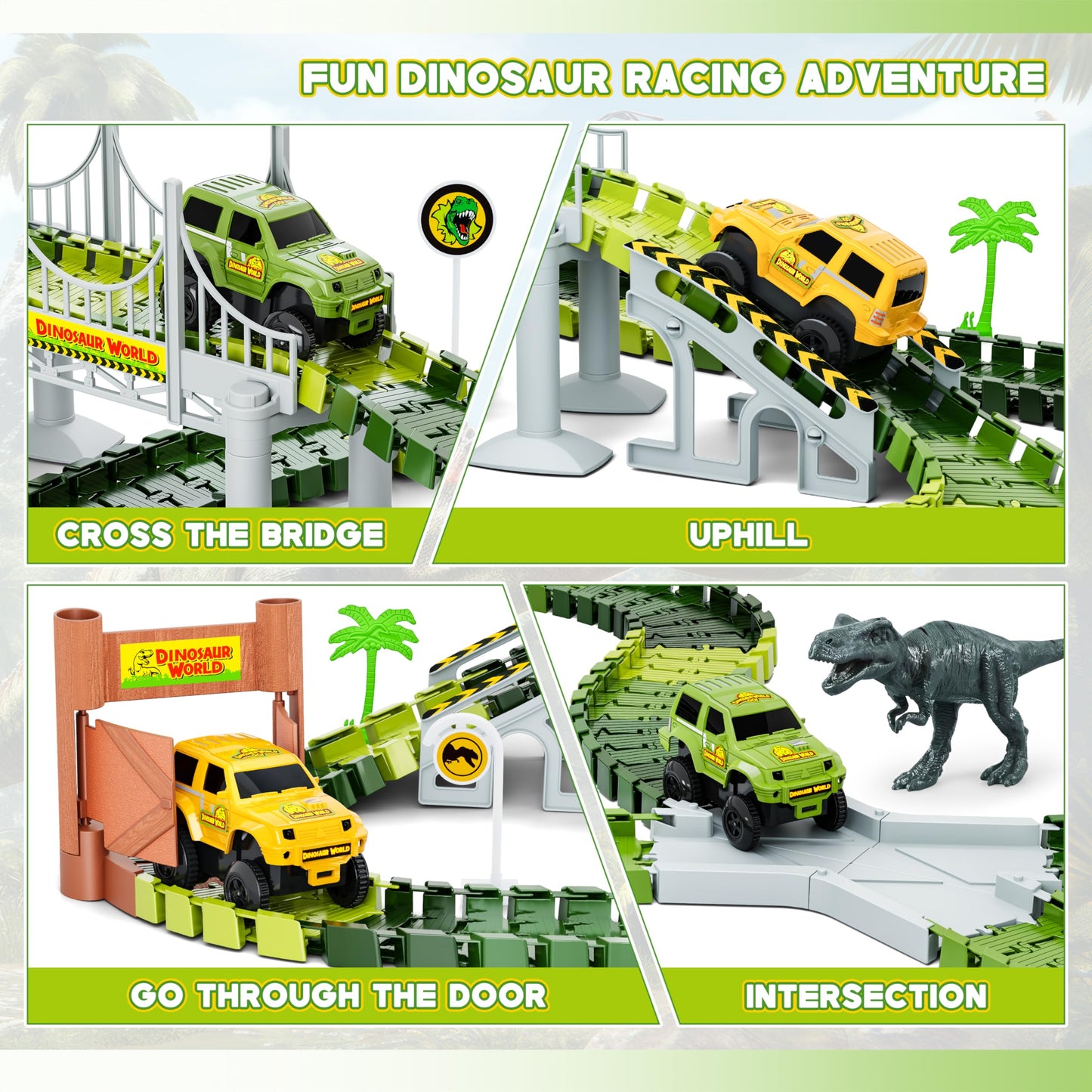 Hony Dinosaur Tracks 271 PCS – Flexible Race Track Set for Kids 3-8 with Cars & Dinosaurs
