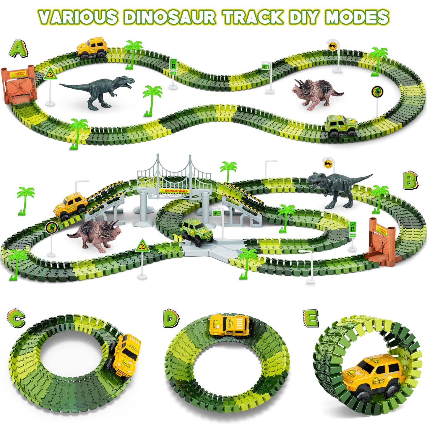 Hony Dinosaur Tracks 271 PCS – Flexible Race Track Set for Kids 3-8 with Cars & Dinosaurs