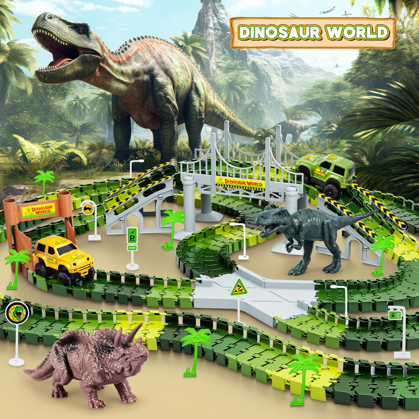 Hony Dinosaur Tracks 271 PCS – Flexible Race Track Set for Kids 3-8 with Cars & Dinosaurs