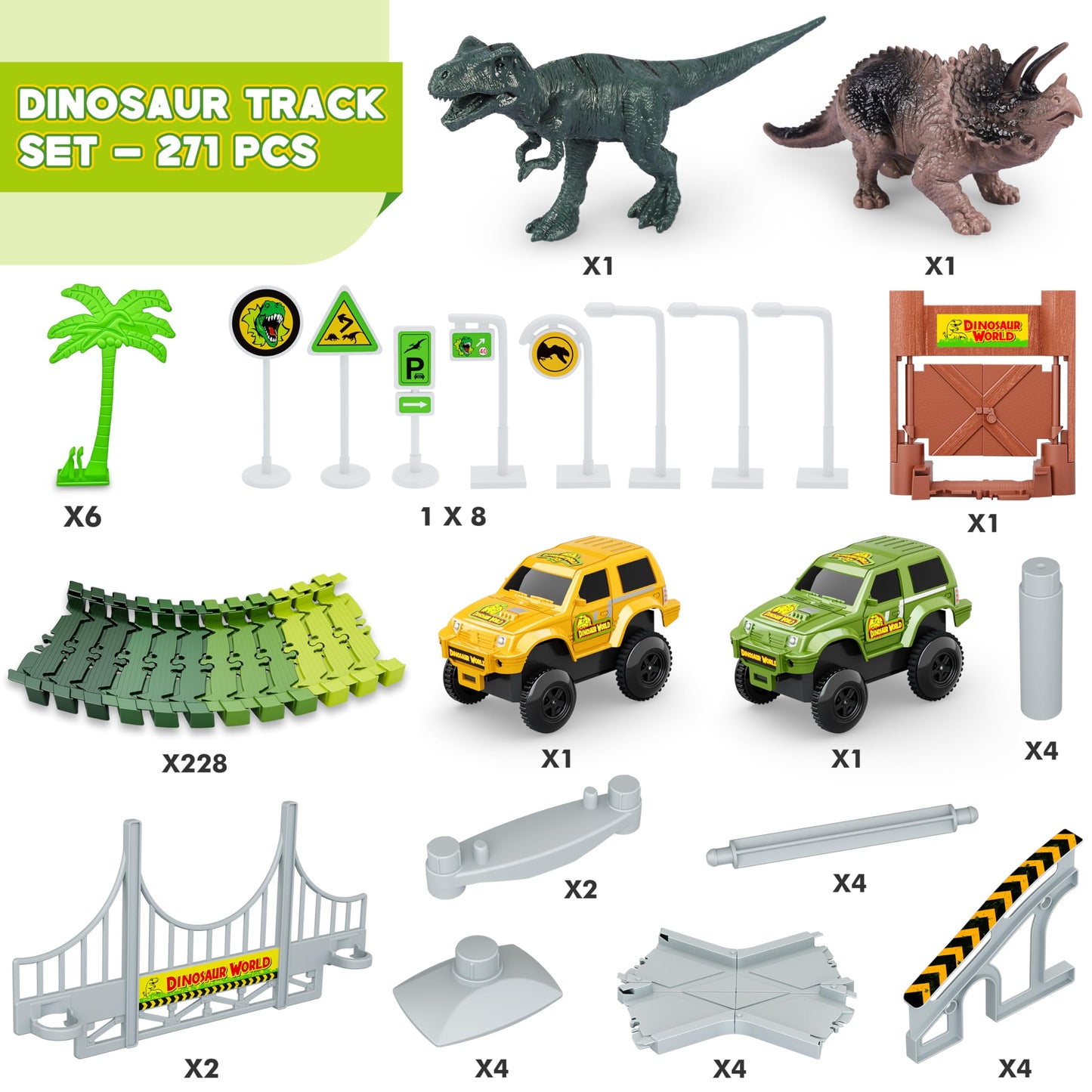 Hony Dinosaur Tracks 271 PCS – Flexible Race Track Set for Kids 3-8 with Cars & Dinosaurs