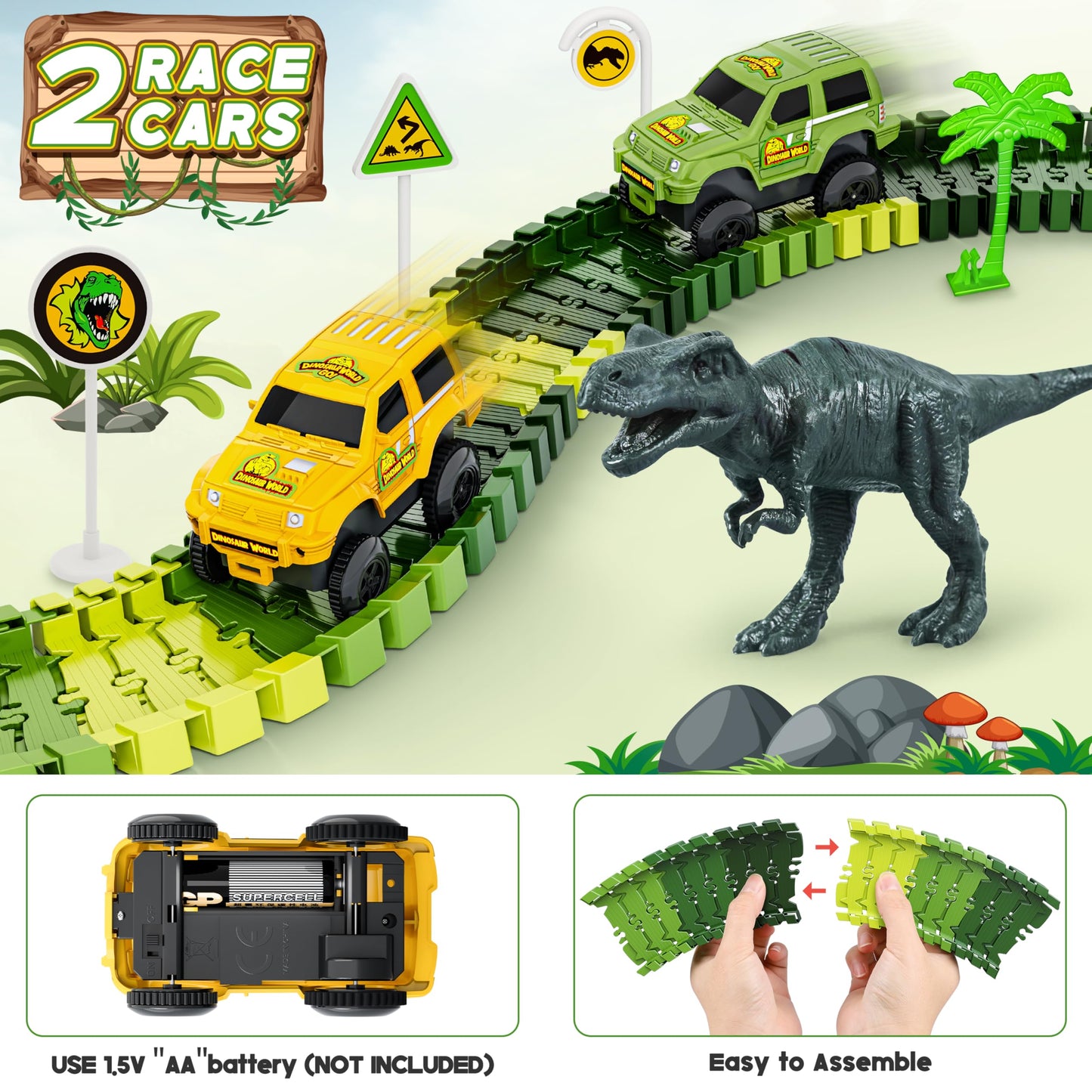 Hony Dinosaur Tracks 271 PCS – Flexible Race Track Set for Kids 3-8 with Cars & Dinosaurs