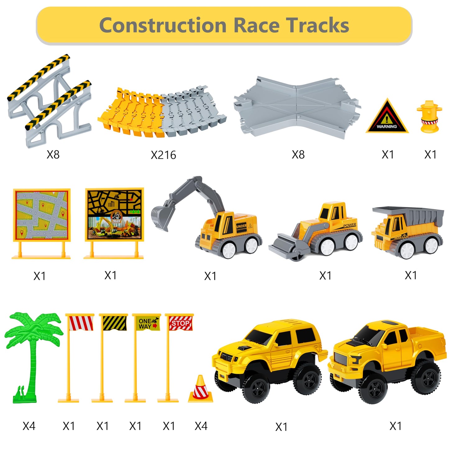 Hony Kids 253 PCS Construction Race Tracks Toy – 5 Vehicles & Flexible Track Play Set for Ages 3–8