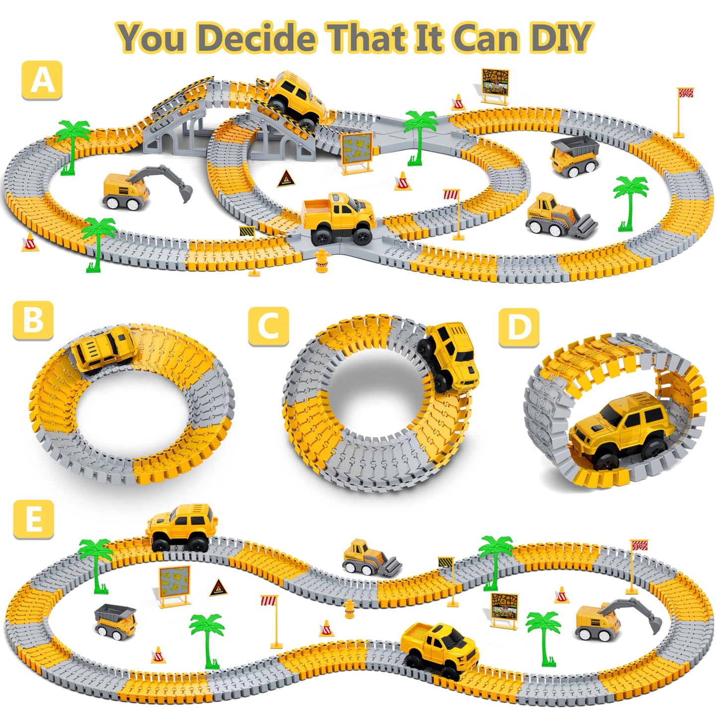 Hony Kids 253 PCS Construction Race Tracks Toy – 5 Vehicles & Flexible Track Play Set for Ages 3–8